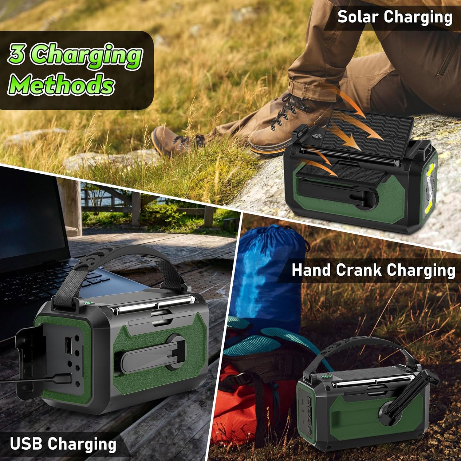 Multifunktionales Ladegerät mit Solar-, Kurbel- und USB-Ladeoptionen.
