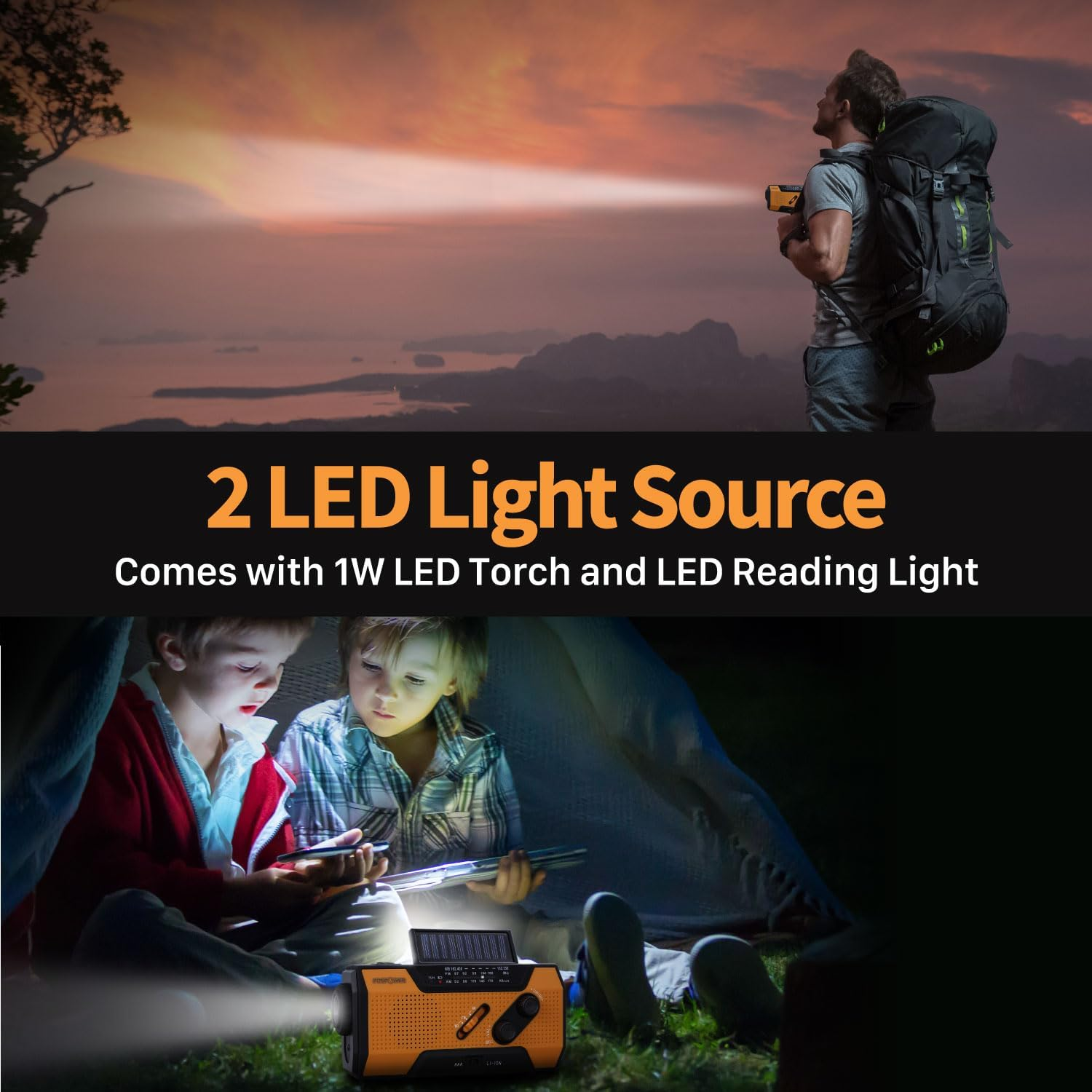 Mann mit Rucksack leuchtet mit Taschenlampe; Kinder im Zelt lesen.