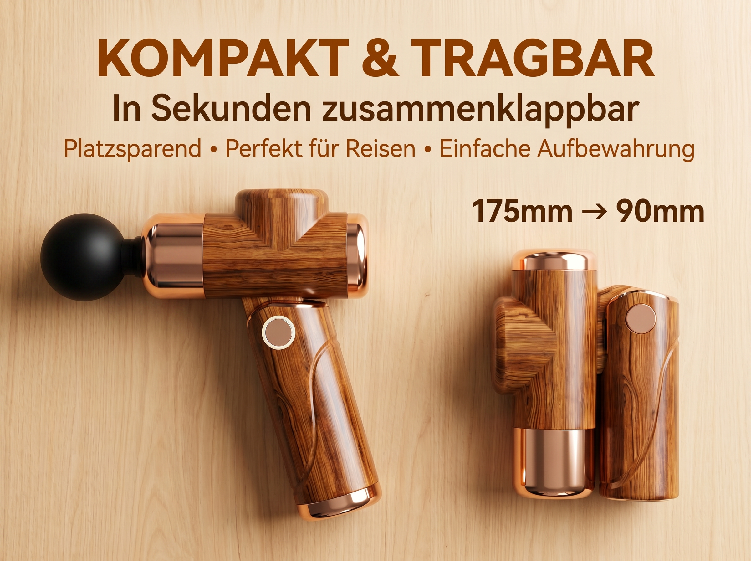 Kompakter Massagegerät klappt von 175mm auf 90mm zusammen.