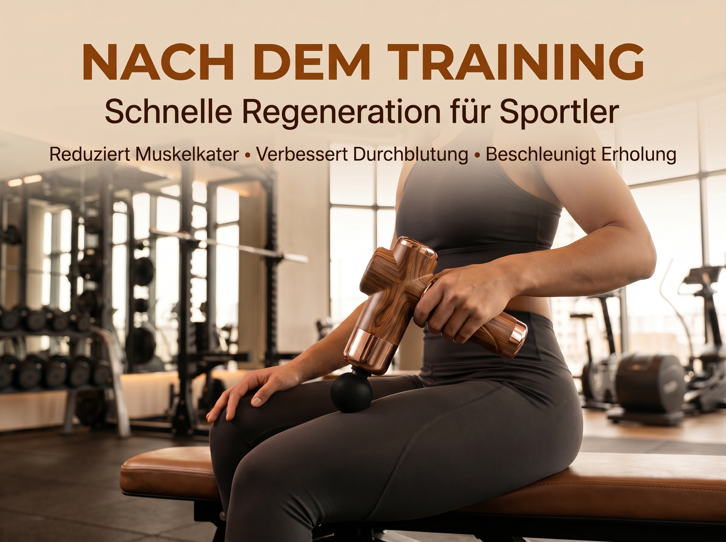 Frau mit Massagepistole im Fitnessstudio nach dem Training.