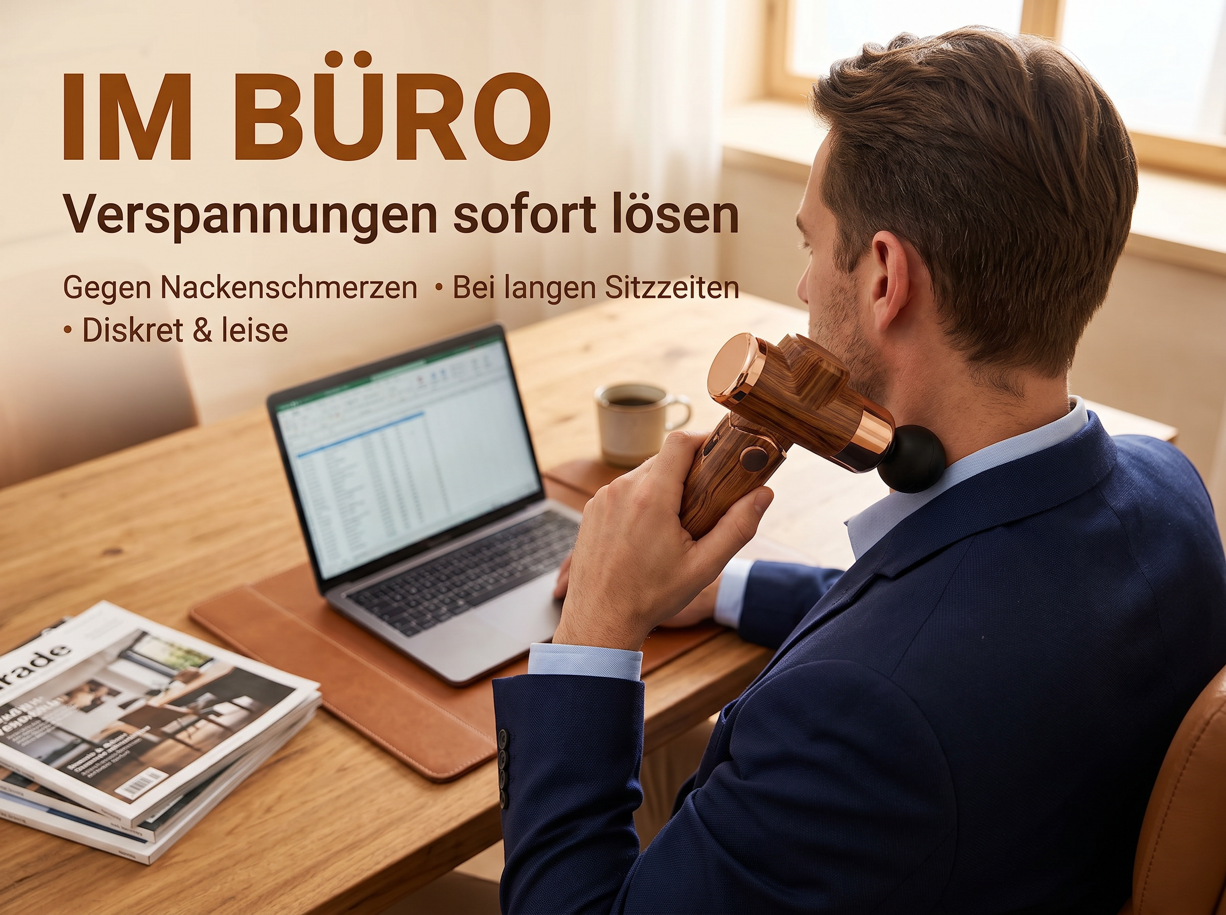 Ein Mann im Anzug benutzt ein Massagegerät im Nacken, am Schreibtisch mit Laptop.