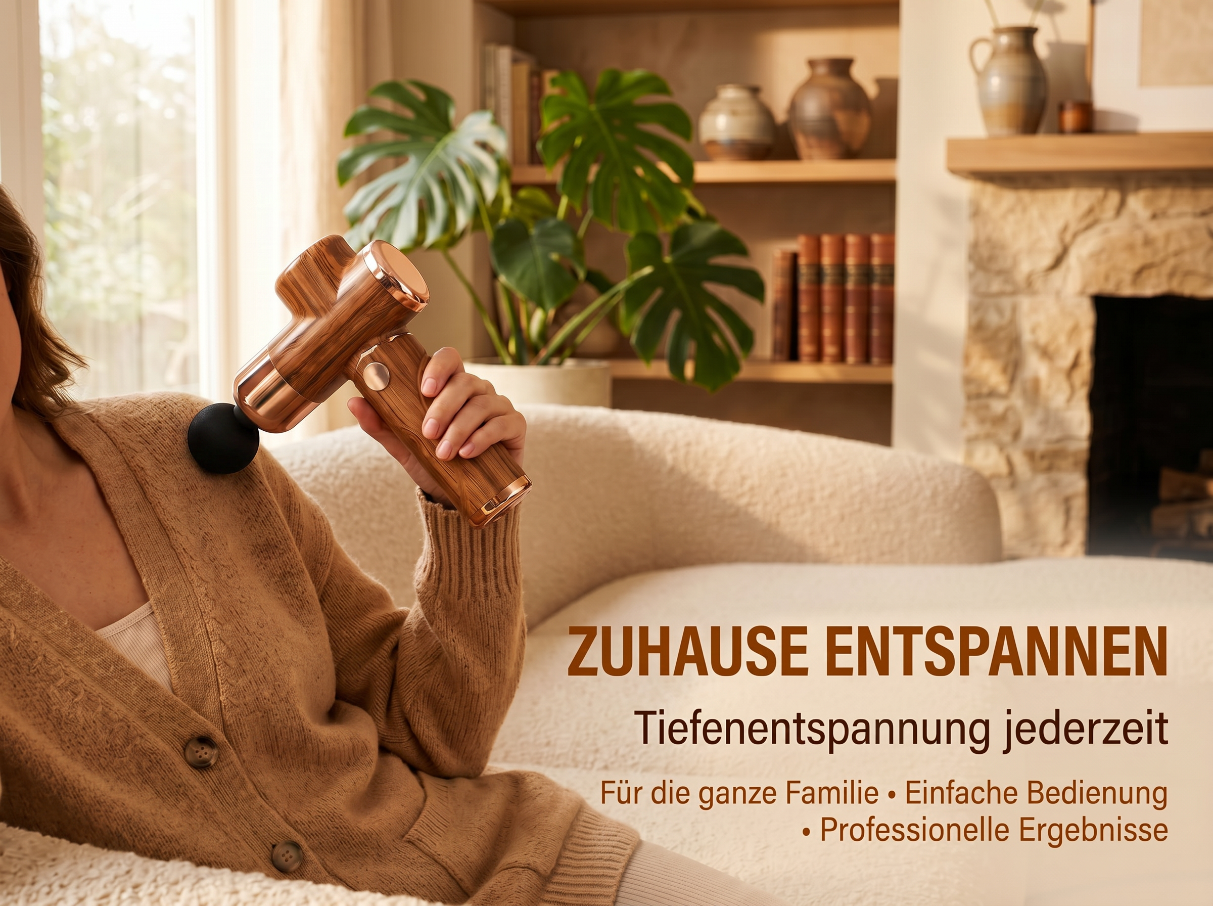 Eine Person entspannt sich zu Hause mit einem Massagegerät, das auf ihre Schulter angewendet wird.
