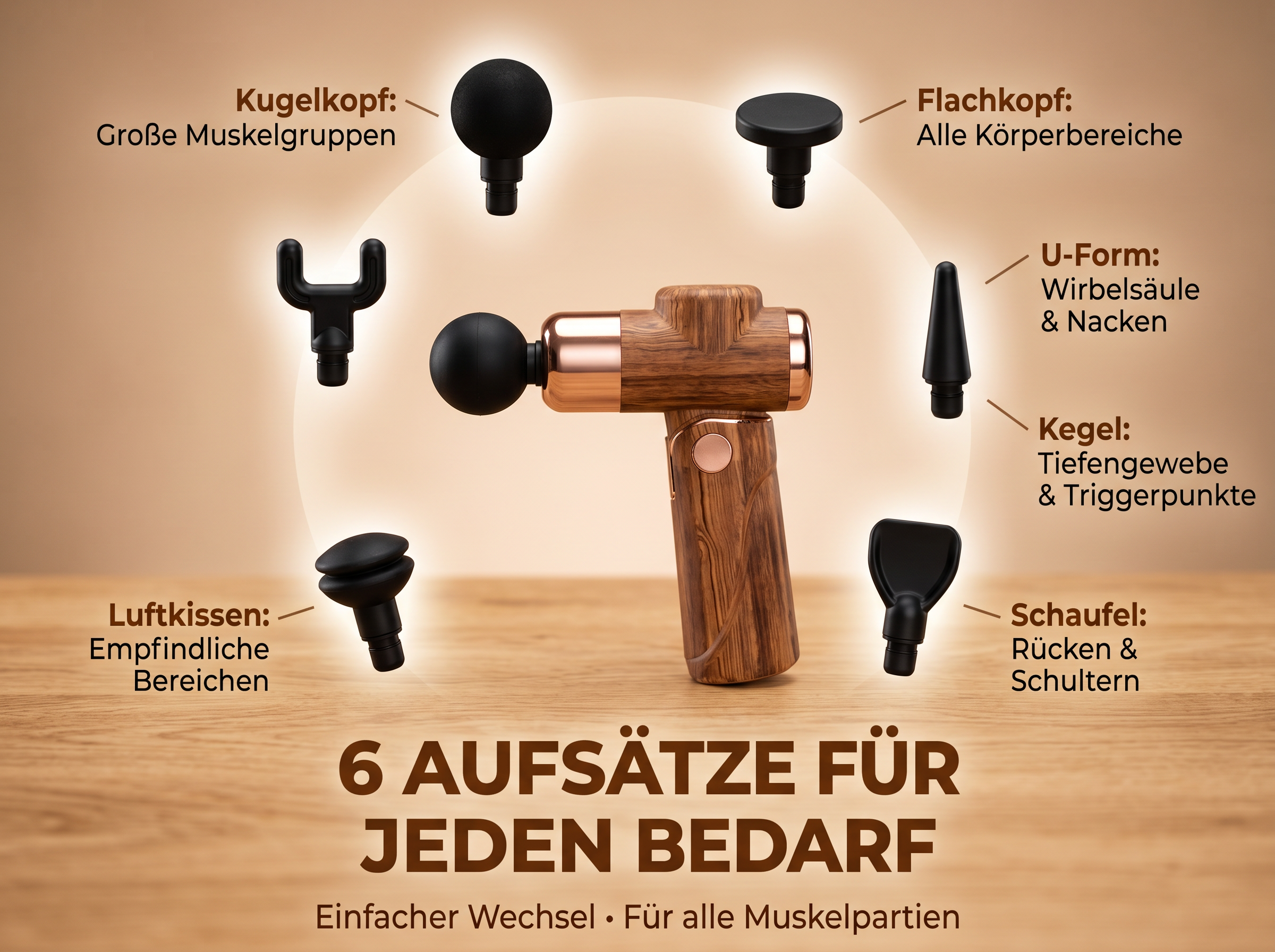 Massagepistole mit 6 verschiedenen Aufsätzen für unterschiedliche Körperbereiche.