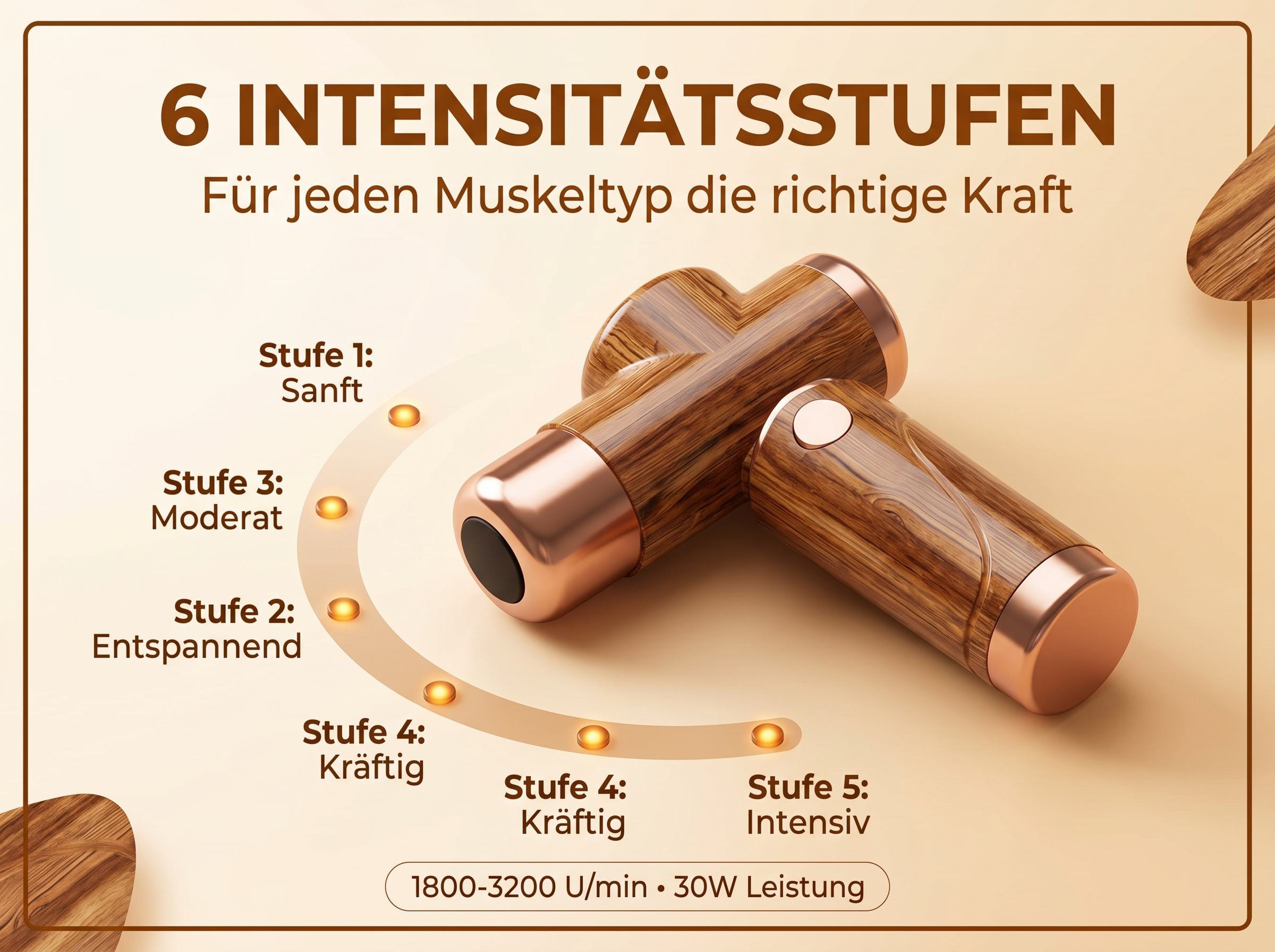 Massagegerät mit Holzoptik und Kupferdetails, 6 Intensitätsstufen.