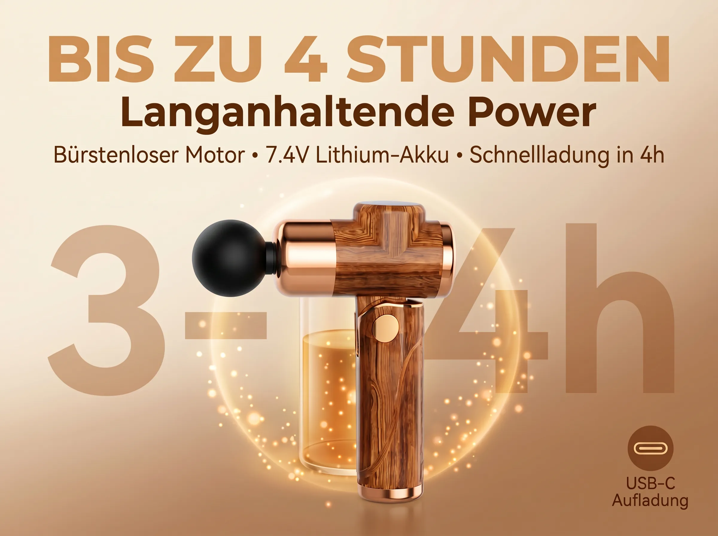 Massagegerät mit Holzoptik, bis zu 4h Power, USB-C-Aufladung.