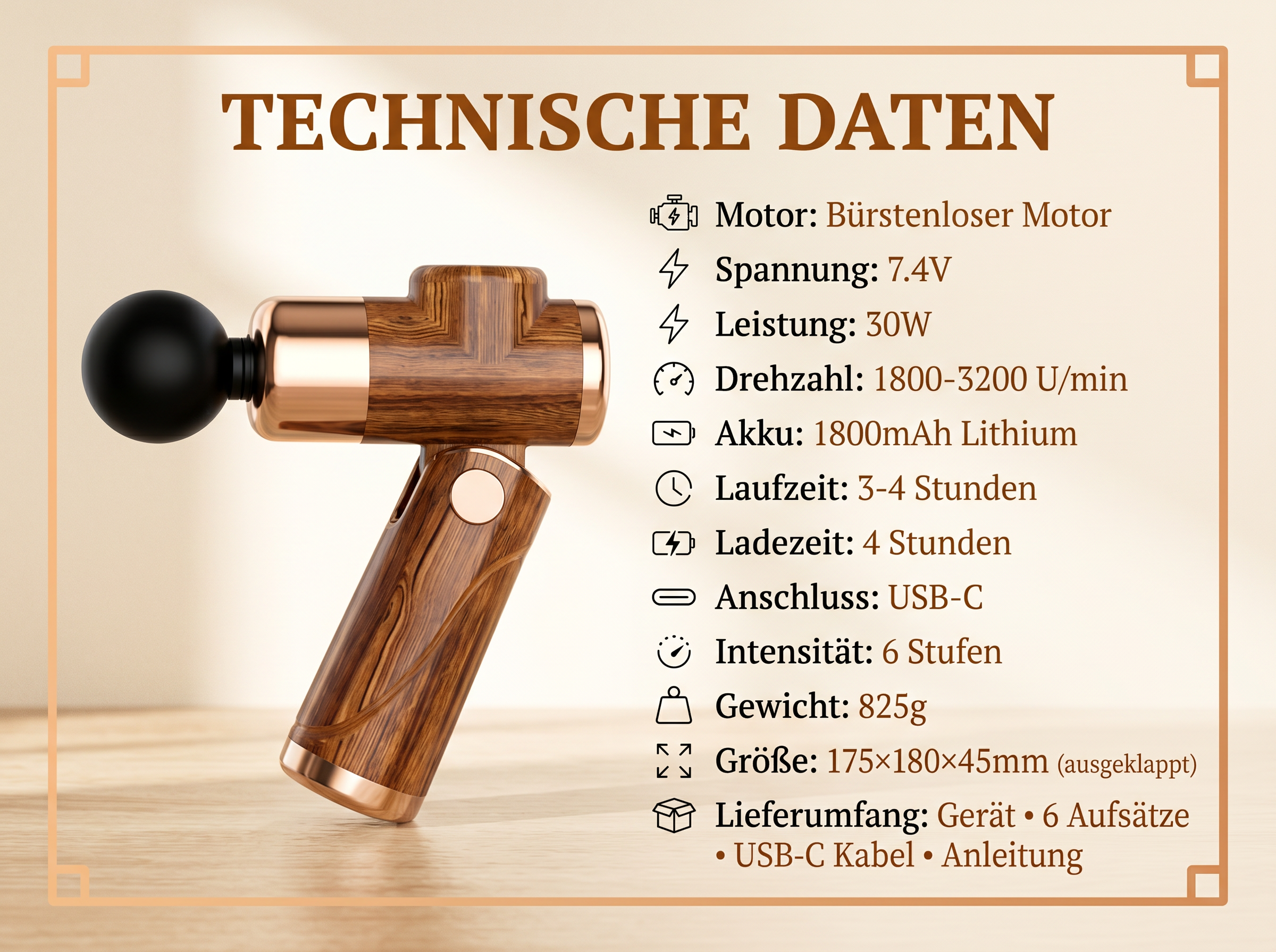 Massagepistole mit technischen Daten: 7.4V, 30W, 1800mAh, USB-C.