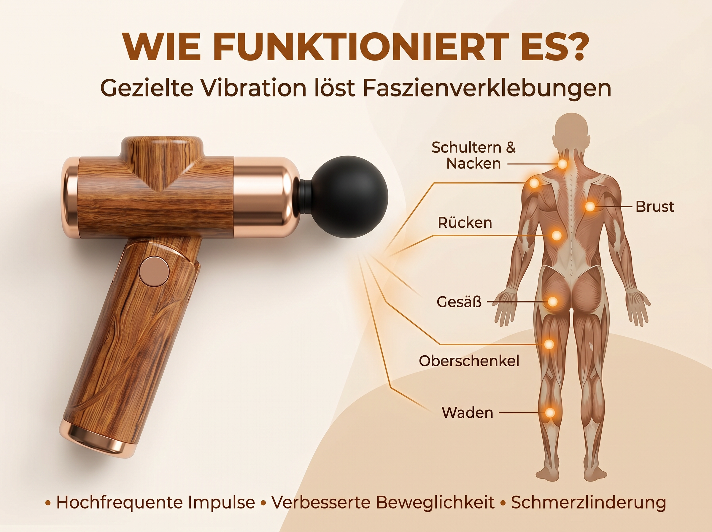 Massagepistole mit Holzmaserung und Kupferdetails, die auf eine menschliche Anatomie zeigt.