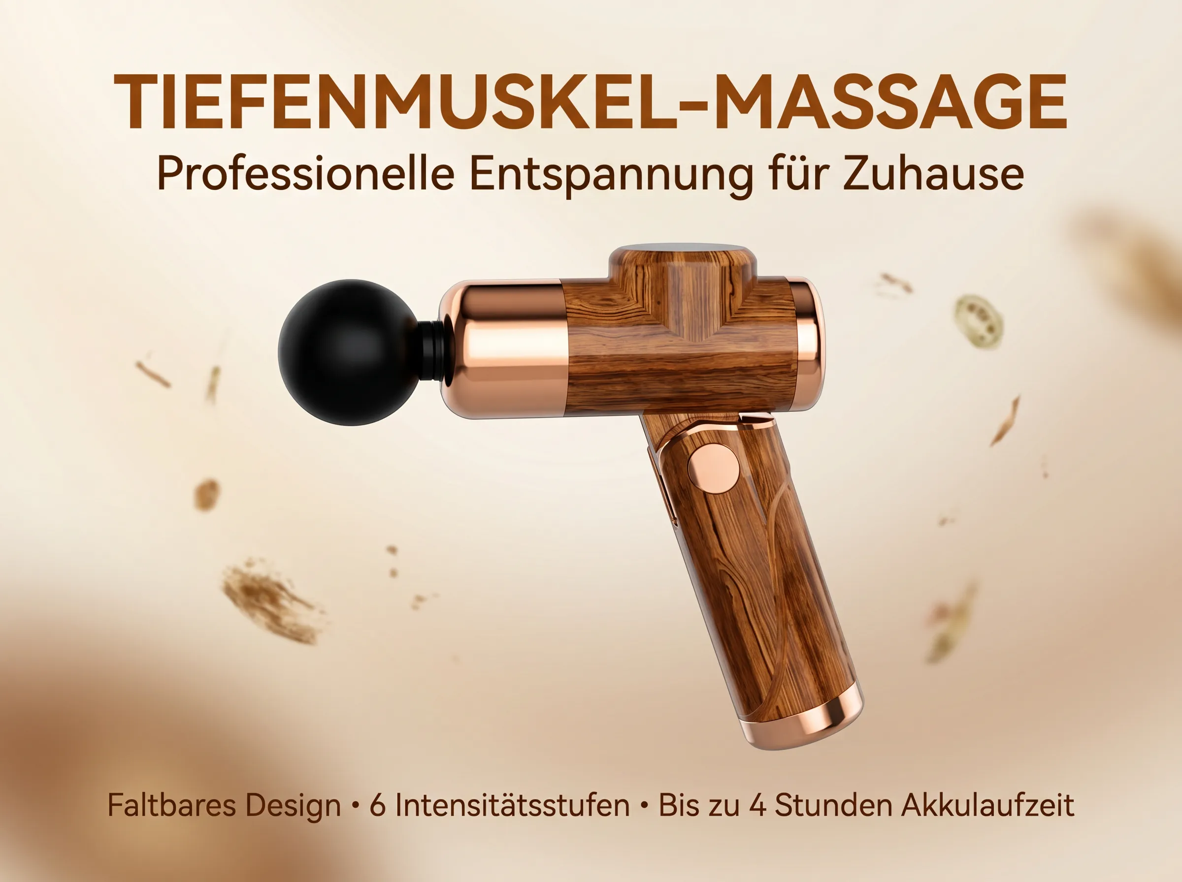 Massagepistole mit Holzmaserung, Kupferdetails und schwarzem Aufsatz.