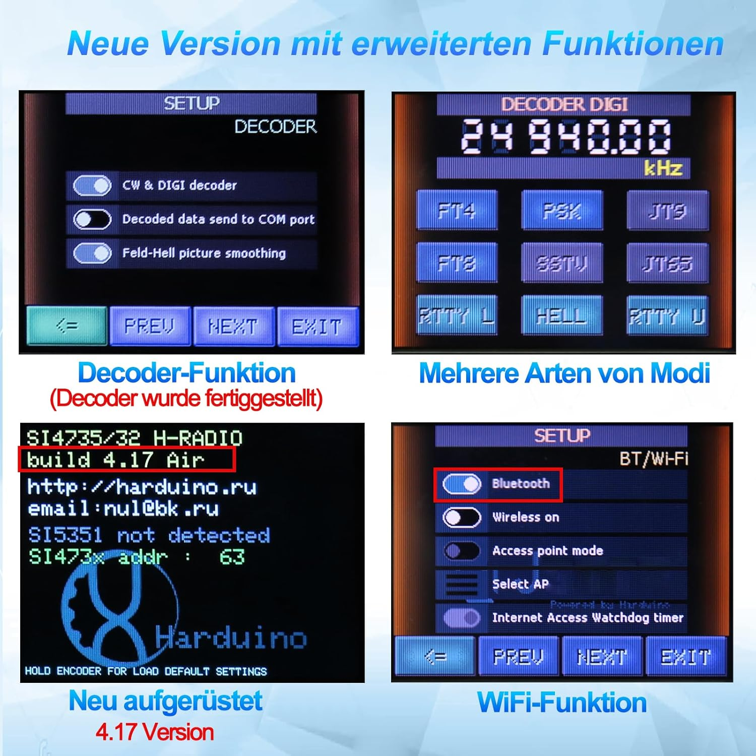 Vier Bildschirmansichten eines Geräts: Decoder Setup, Modusauswahl, Systeminfo und WiFi Setup.