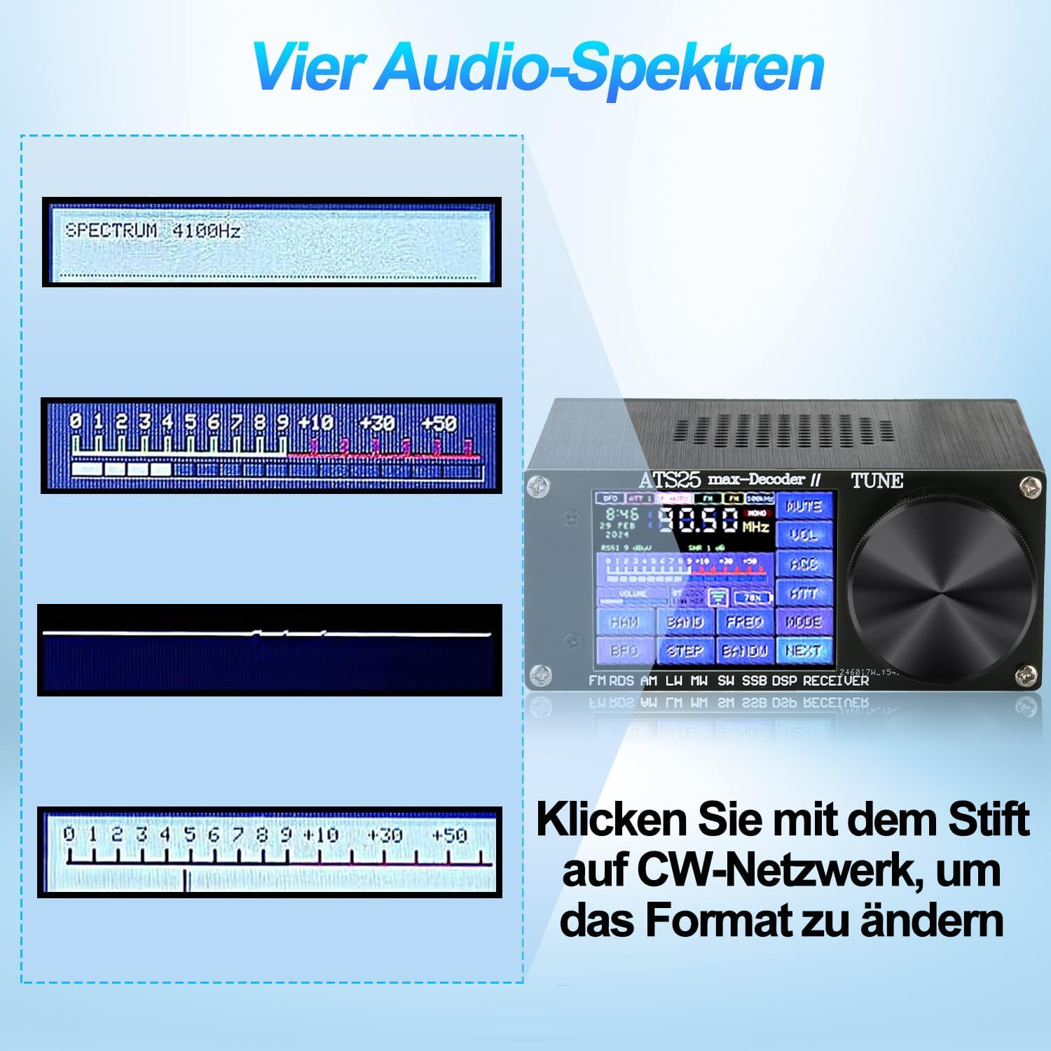 Ein Radio mit mehreren Displays, die Frequenz und Audiopegel anzeigen.