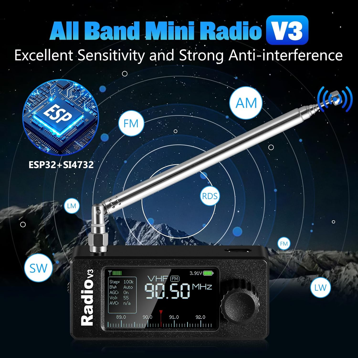 Ein schwarzes Mini-Radio mit ausfahrbarer Antenne und Display.