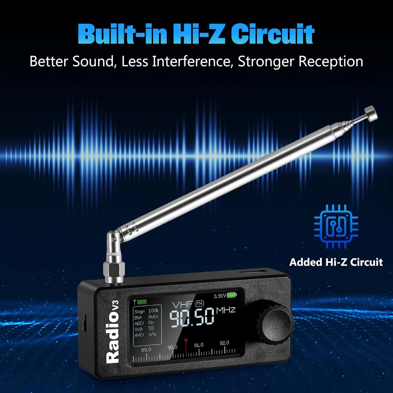 Ein tragbares Radio mit ausfahrbarer Antenne und digitalem Display, das 90.50 MHz anzeigt.