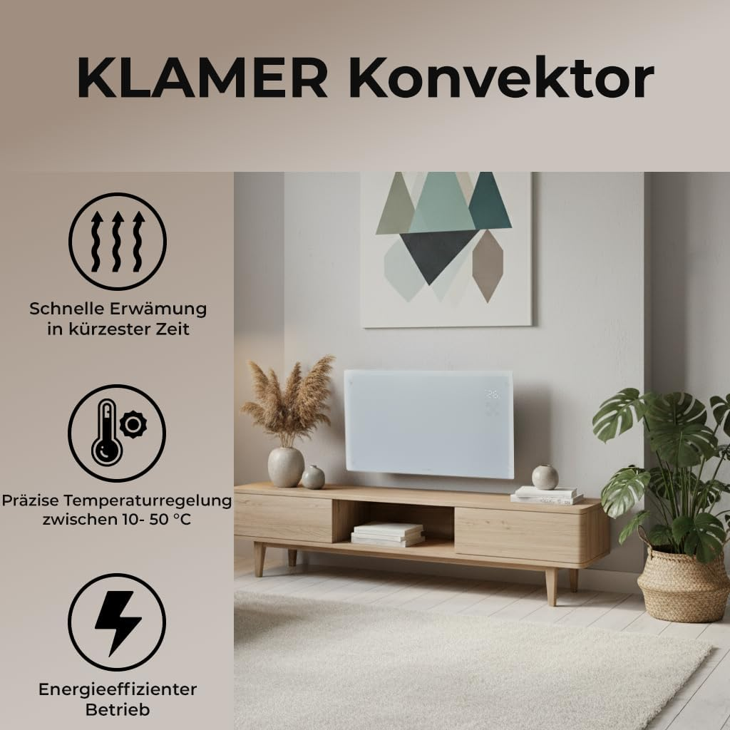 Moderner Konvektor an Wand montiert über Holzkommode. Grafiken zeigen schnelle Erwärmung, Temperaturregelung, Effizienz.