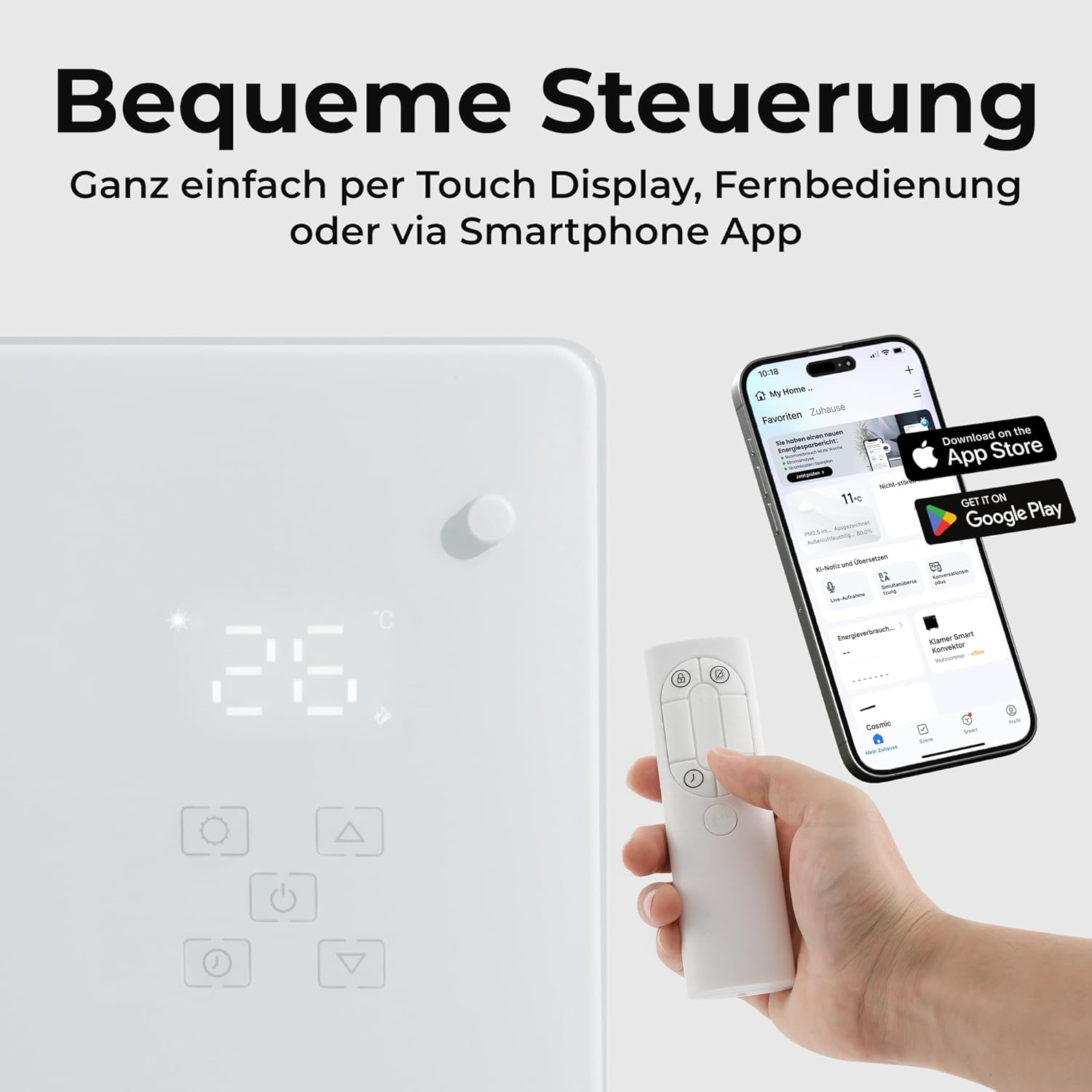 Ein weißes Bedienfeld mit Fernbedienung und Smartphone-App zeigt „Bequeme Steuerung“.
