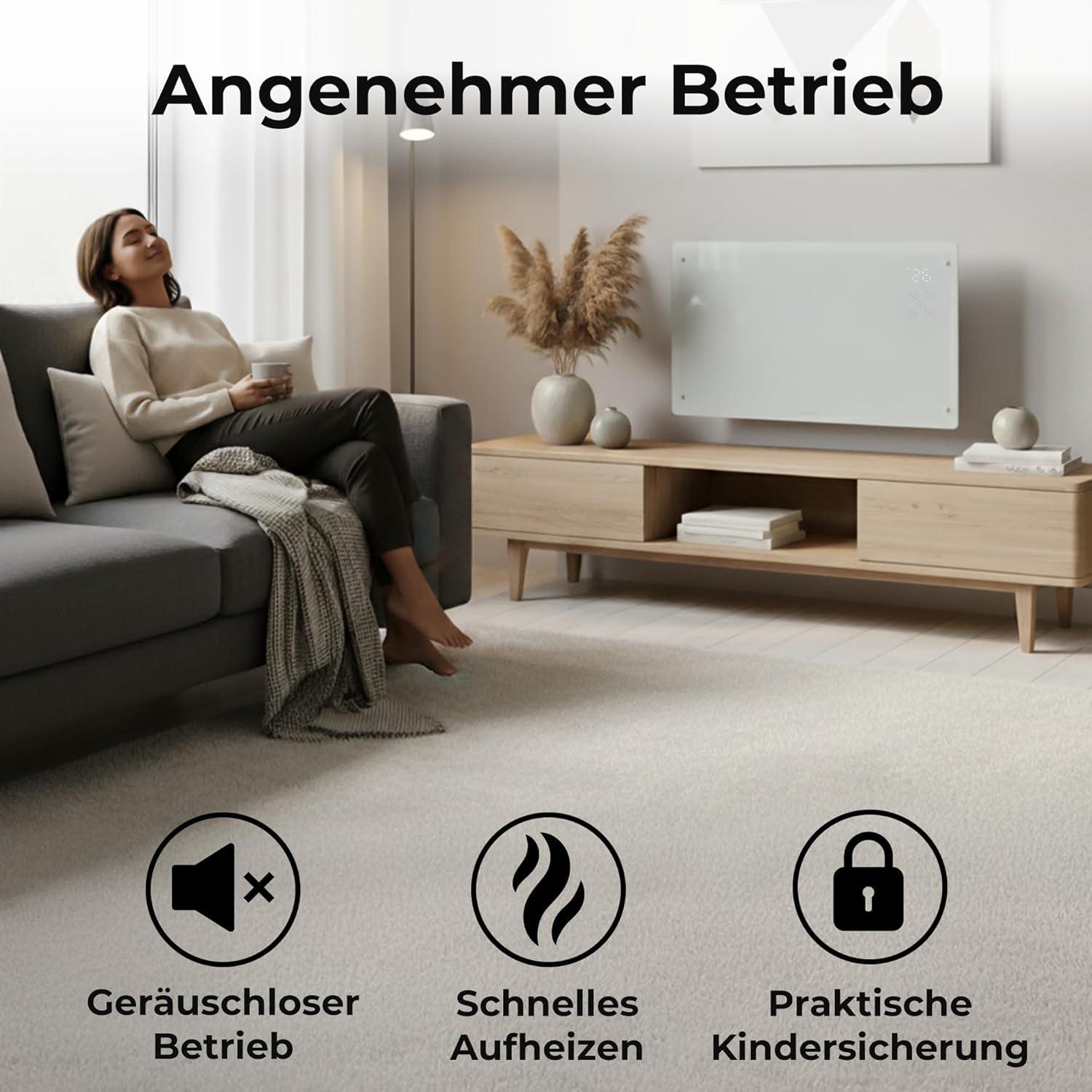 Frau entspannt auf Sofa, Heizung an Wand, Icons für leisen Betrieb, schnelles Aufheizen, Kindersicherung.