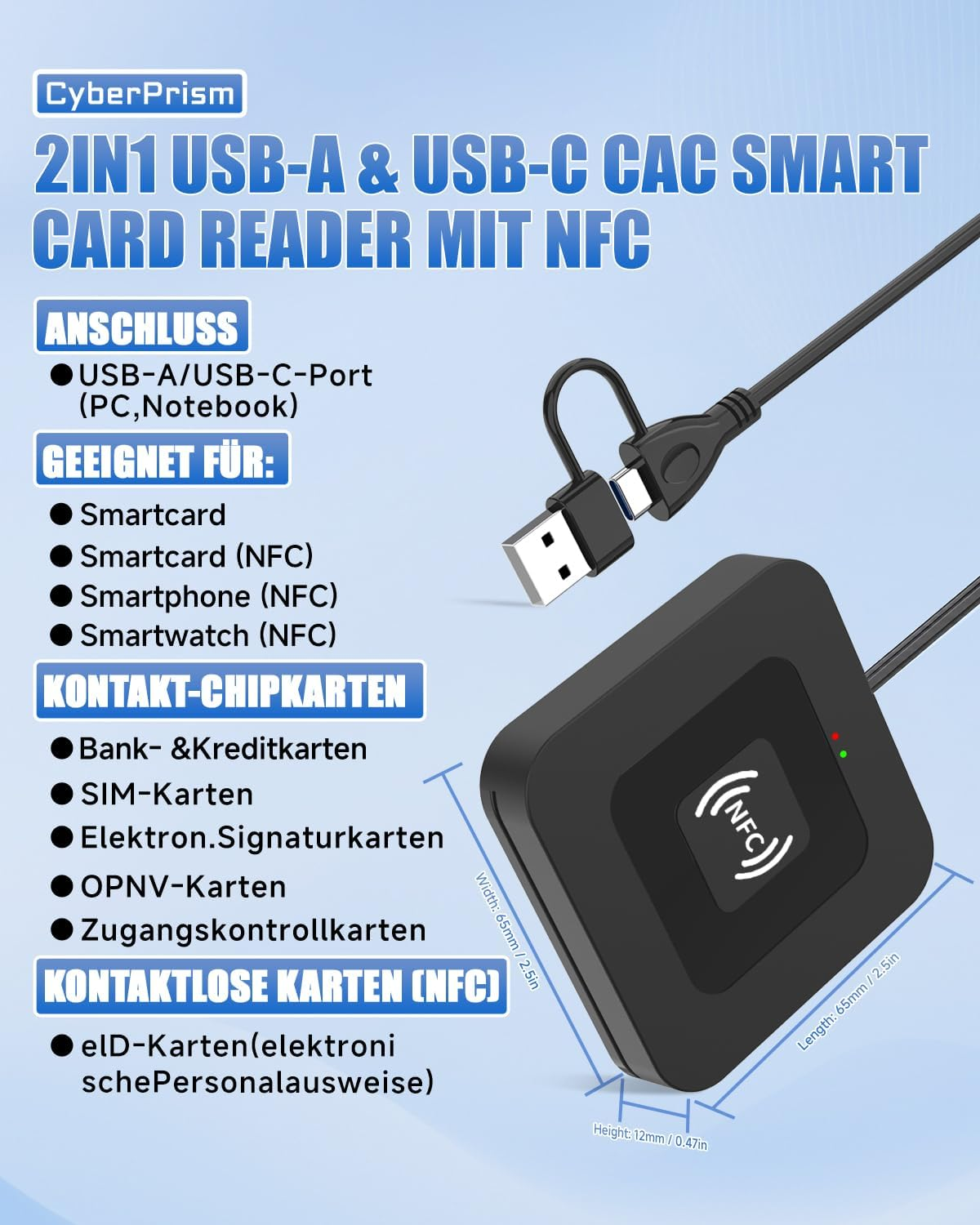 Ein schwarzer 2-in-1-USB-A/USB-C-Kartenleser mit NFC-Symbol.