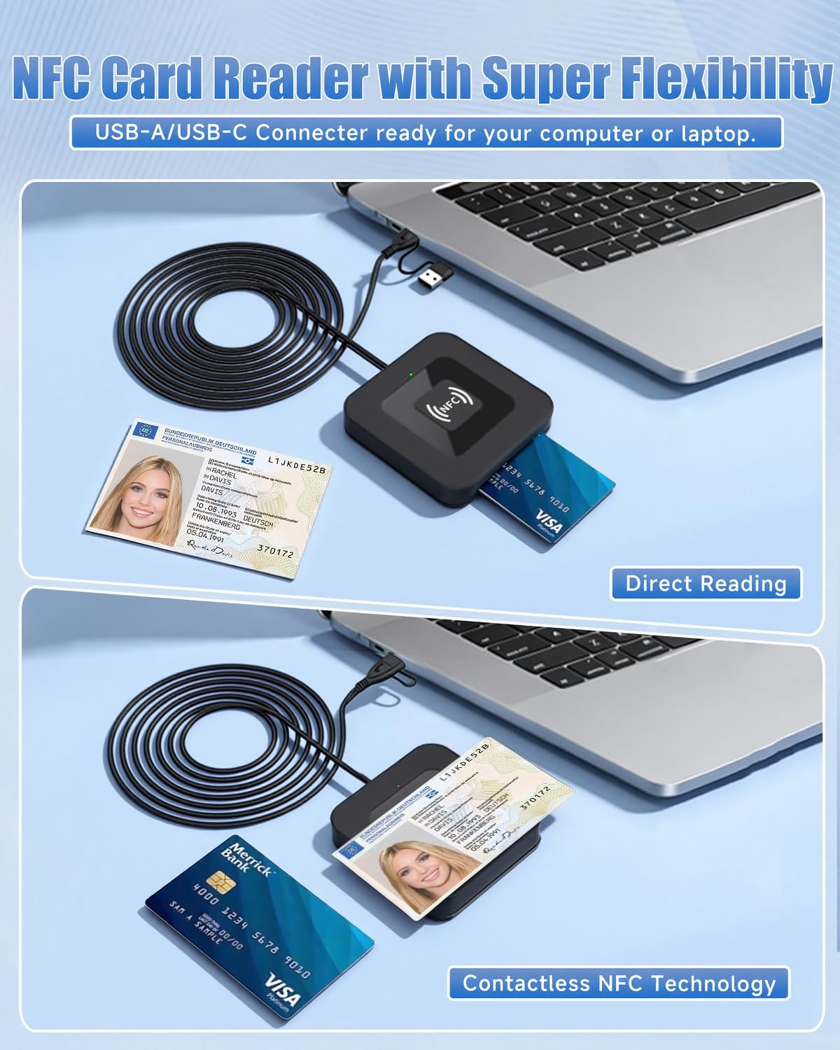 NFC-Kartenleser mit Laptop, Personalausweis, Kreditkarte und Kabel.