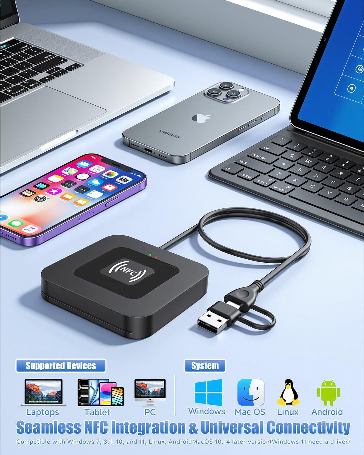 Silbernes Smartphone, lila iPhone, Laptop, NFC-Leser & Tastatur auf blauem Hintergrund.