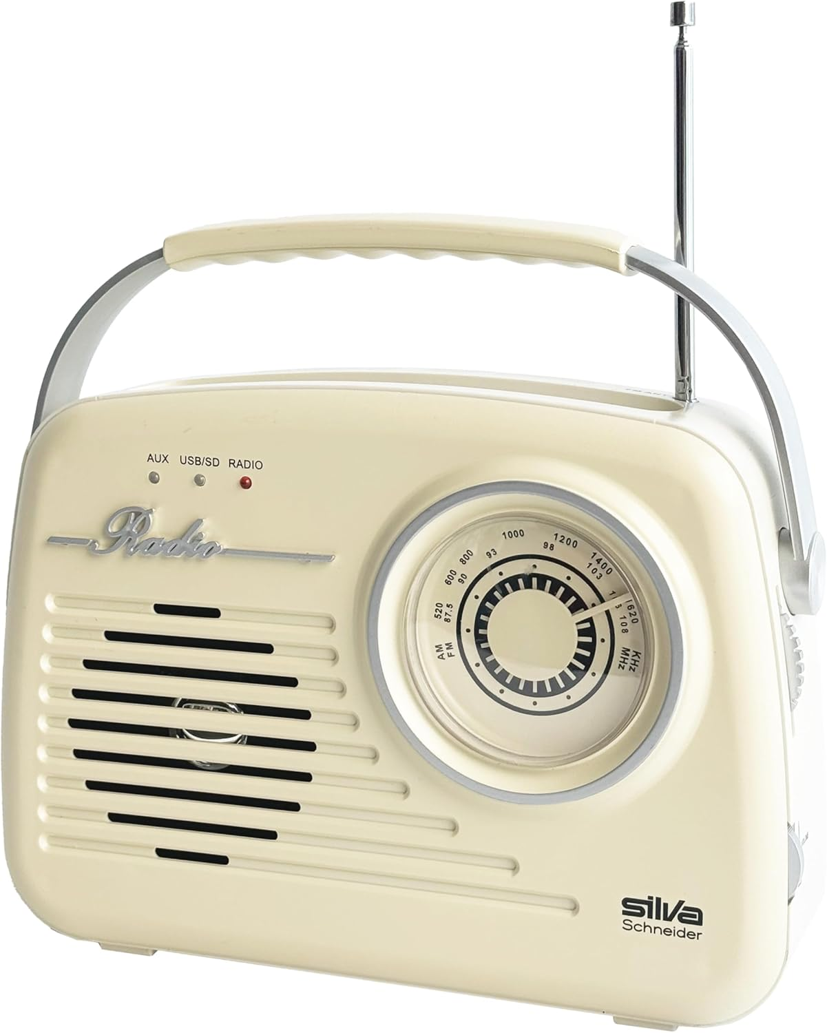 Cremefarbener Retro-Radio mit Antenne, Lautsprechergrill und Skala.