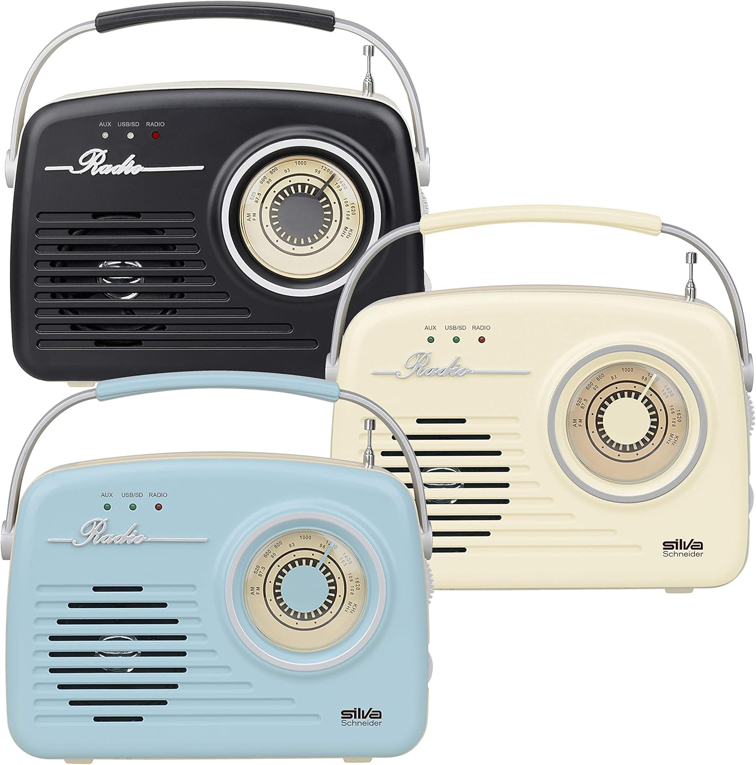 Drei Retro-Radios in Schwarz, Creme und Blau nebeneinander, mit Tragegriffen und Lautsprechergittern.
