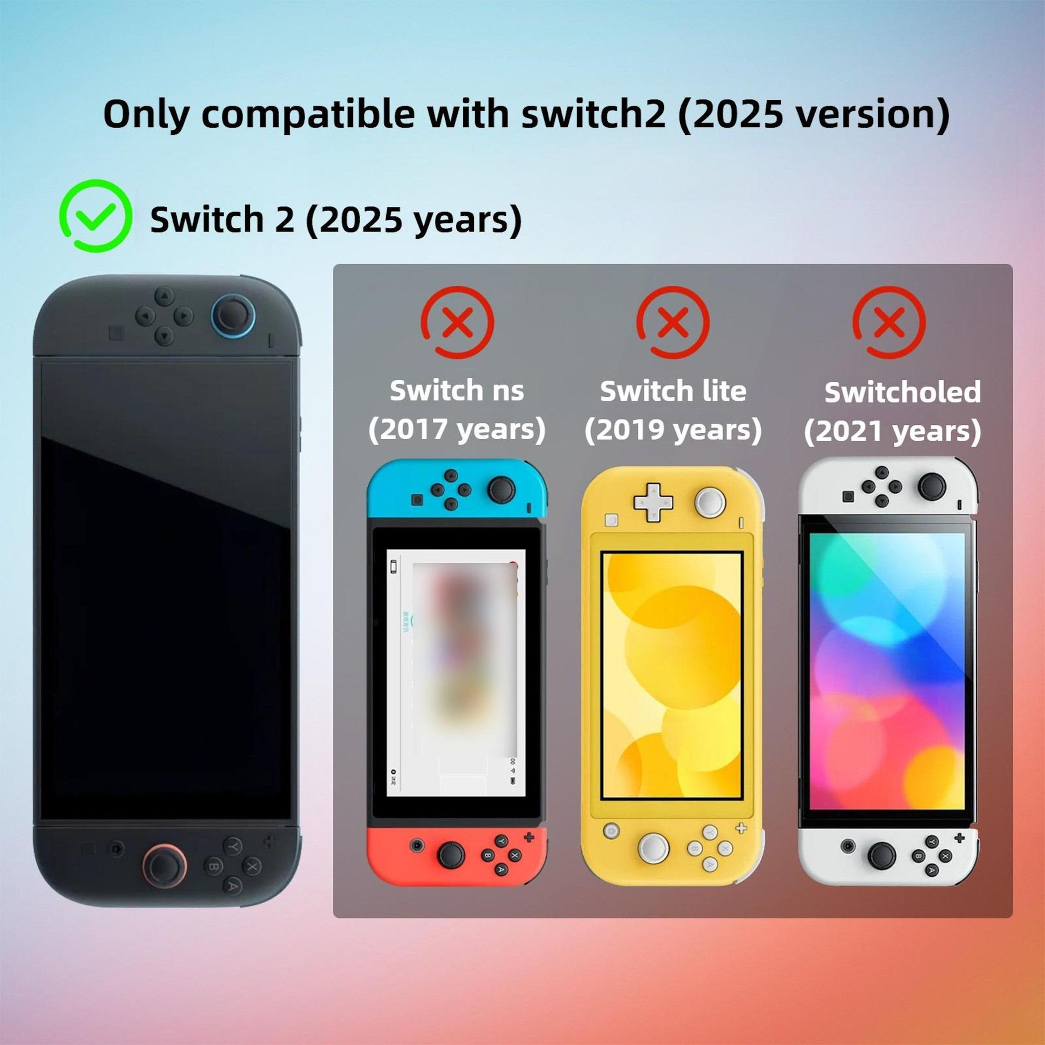 Vergleich von Nintendo Switch-Modellen. Nur Switch 2 (2025) ist kompatibel.