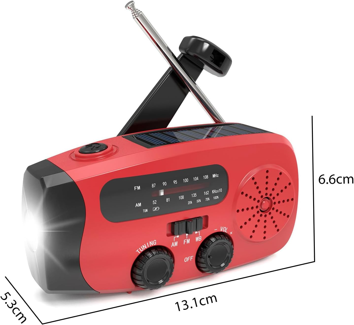 Ein rotes Notfallradio mit Solarpanel, Antenne, Kurbel und LED-Taschenlampe.