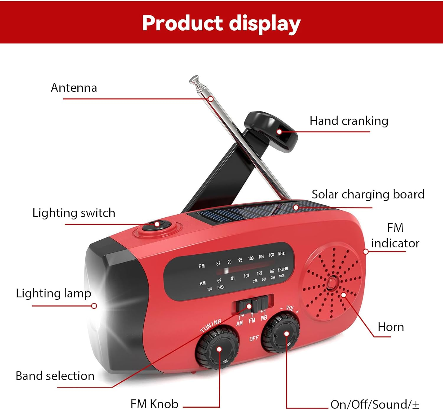Rotes Notfallradio mit Solarpanel, Kurbel, Antenne, Lampe und Lautsprecher.