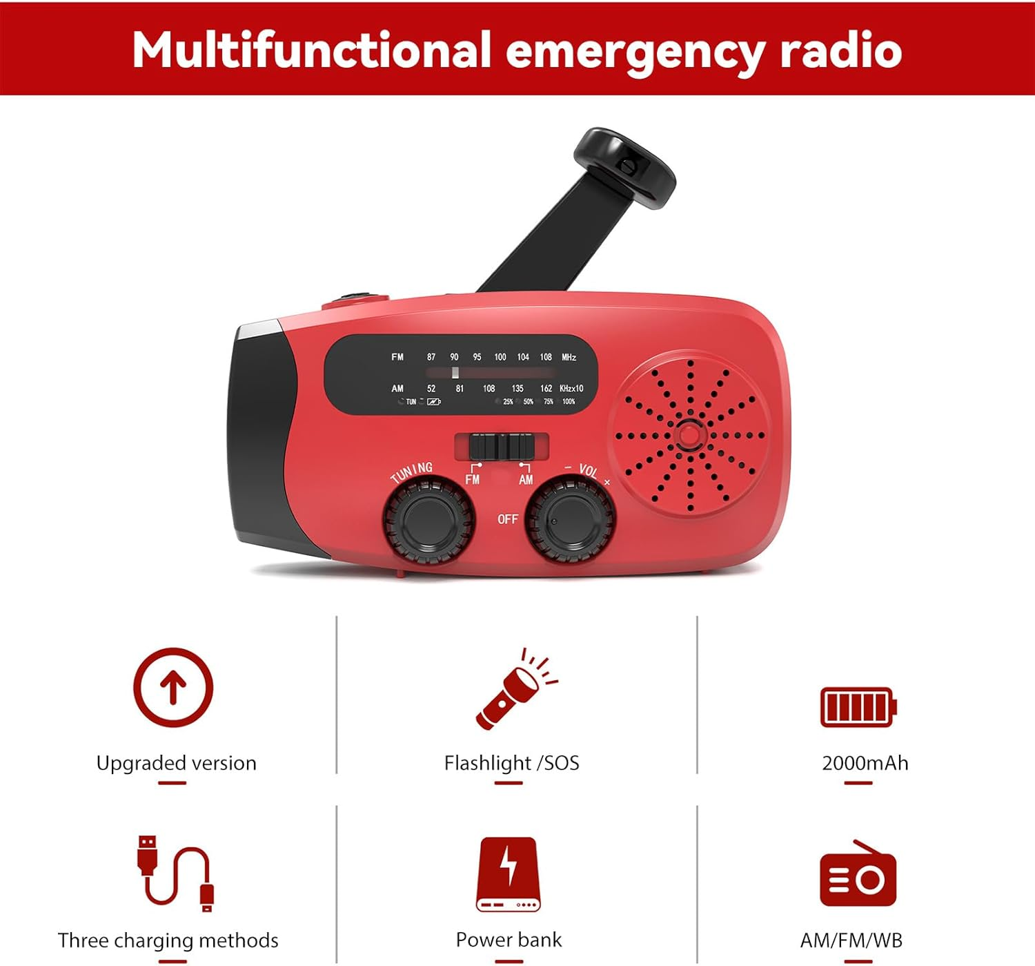 Ein rotes Multifunktions-Notfallradio mit Kurbel und Symbolen für Funktionen.