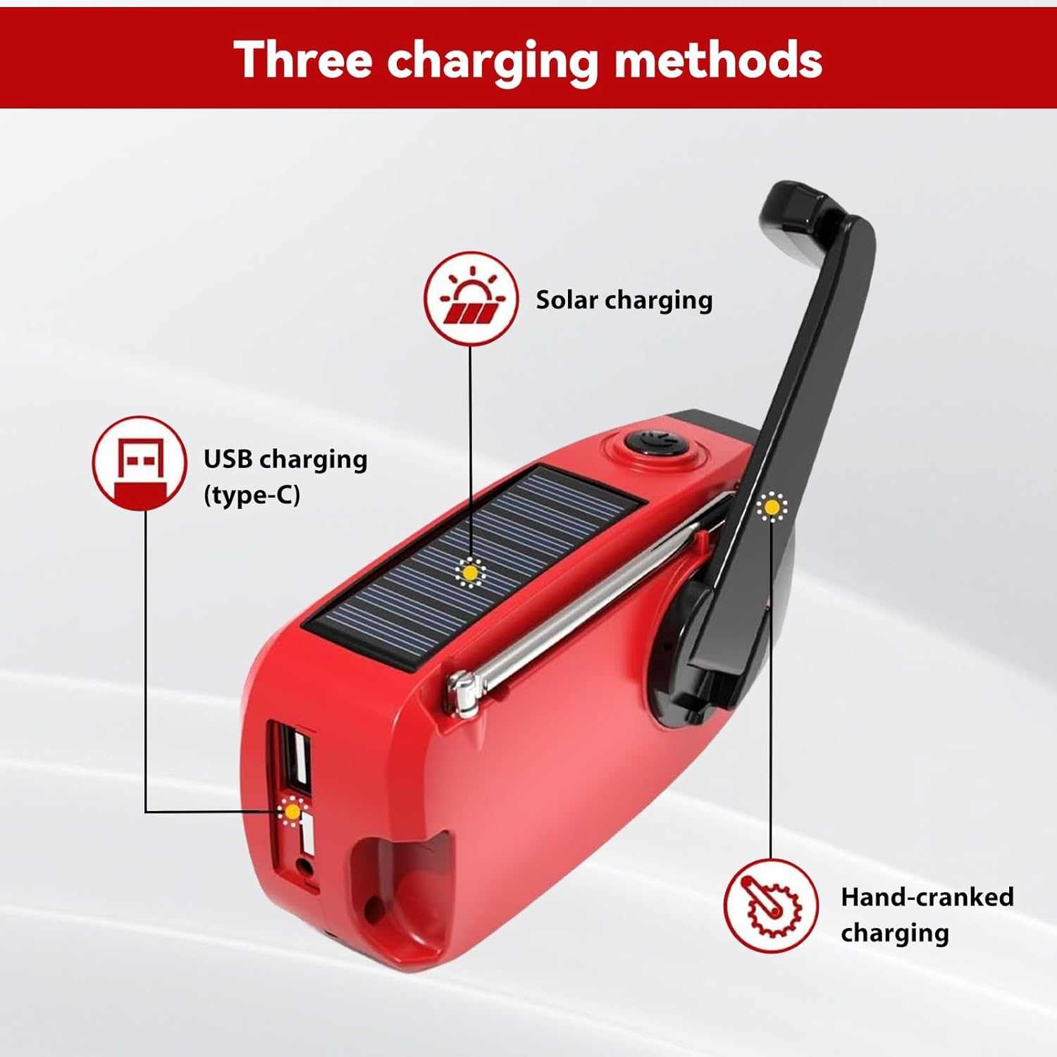Rotes Gerät mit Solar-, USB- und Kurbelladung. Beschriftungen erklären die Methoden.