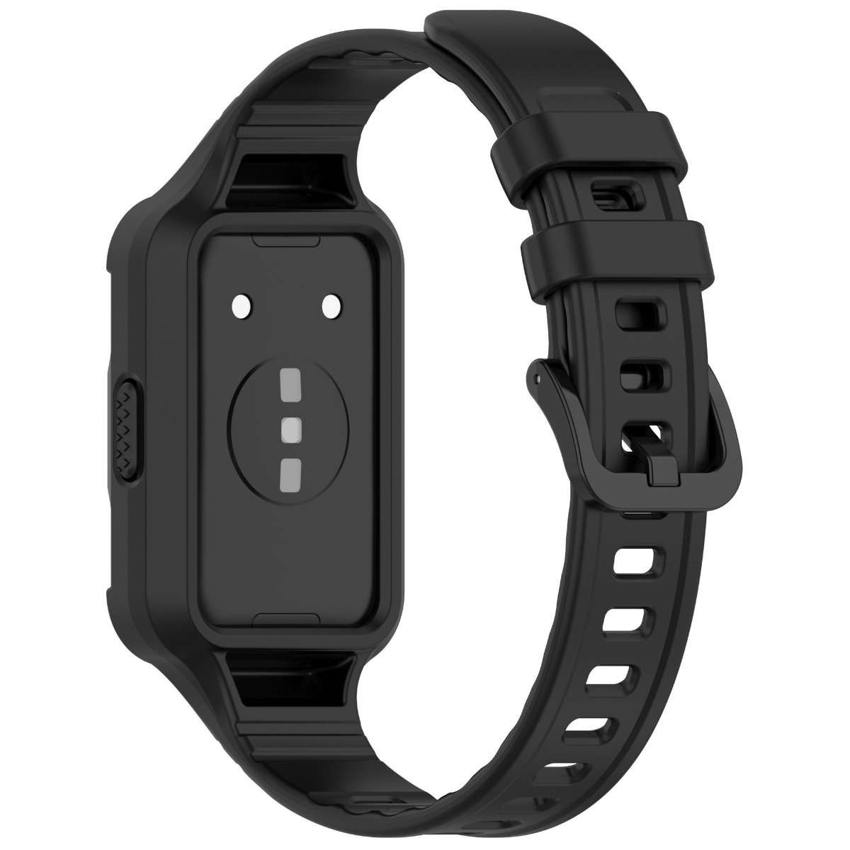 Schwarzes Smartwatch-Gehäuse mit Silikonband. Die Rückseite zeigt Sensoren.