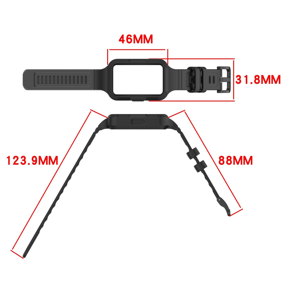 Schwarzes Smartwatch-Gehäuse mit angezeigten Maßen: 46mm, 31,8mm, 123,9mm, 88mm.