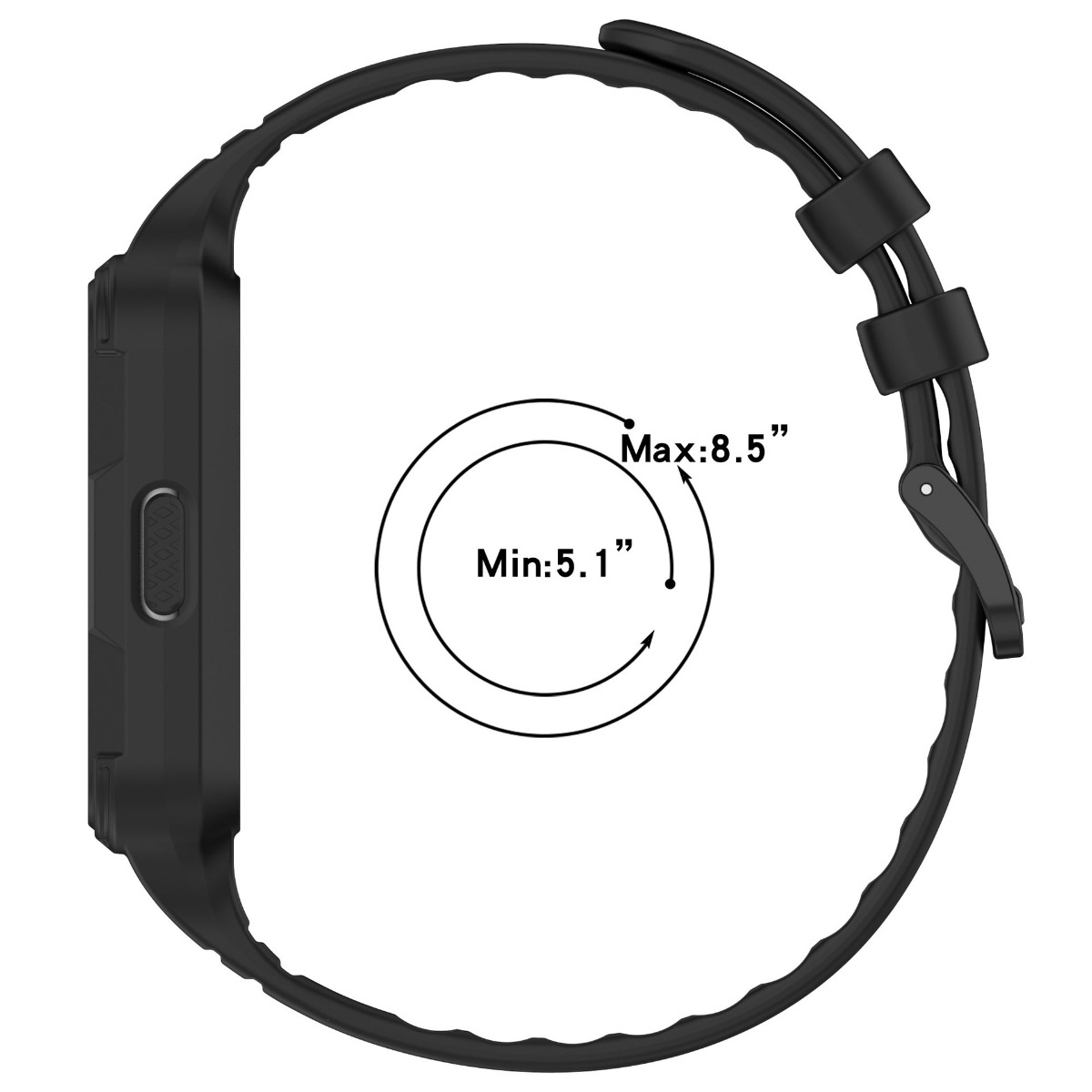 Schwarzes Armband mit Größenangaben: Min. 5,1 Zoll, Max. 8,5 Zoll.