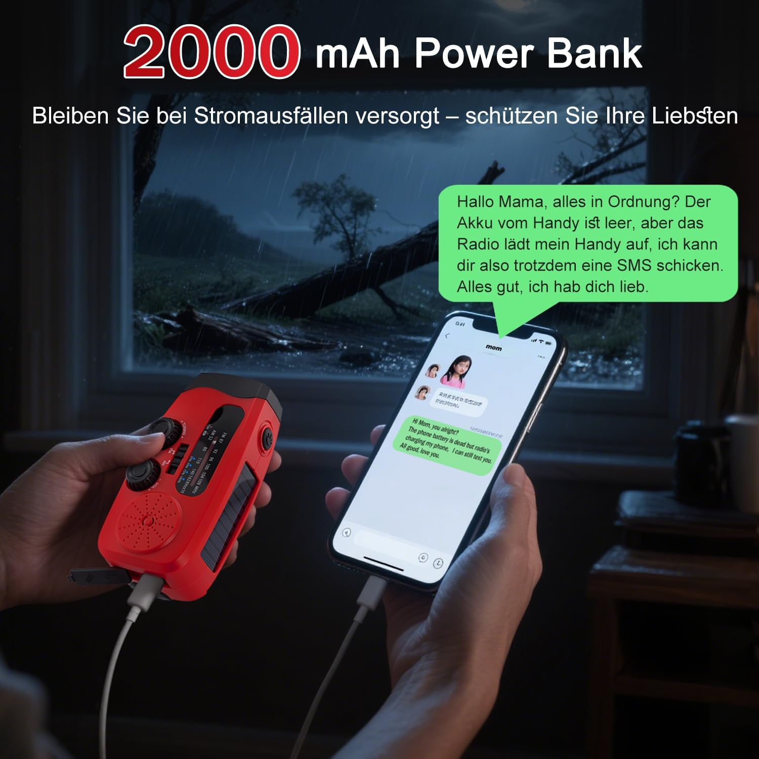 Rotes Kurbelradio lädt Handy auf, während es draußen regnet. Textnachricht wird gesendet.