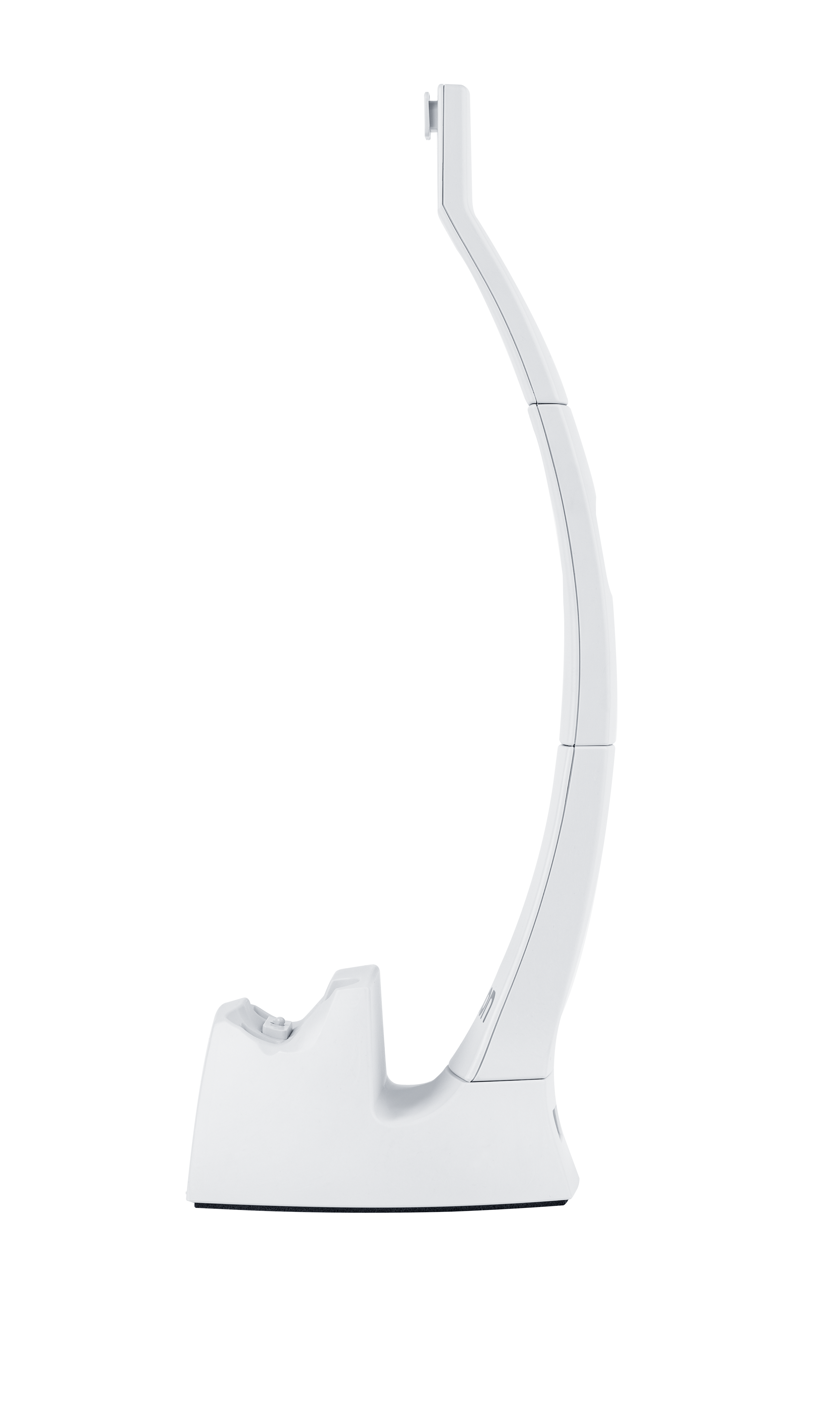Un soporte de carga o pantalla blanco para un dispositivo electrónico sobre fondo negro.