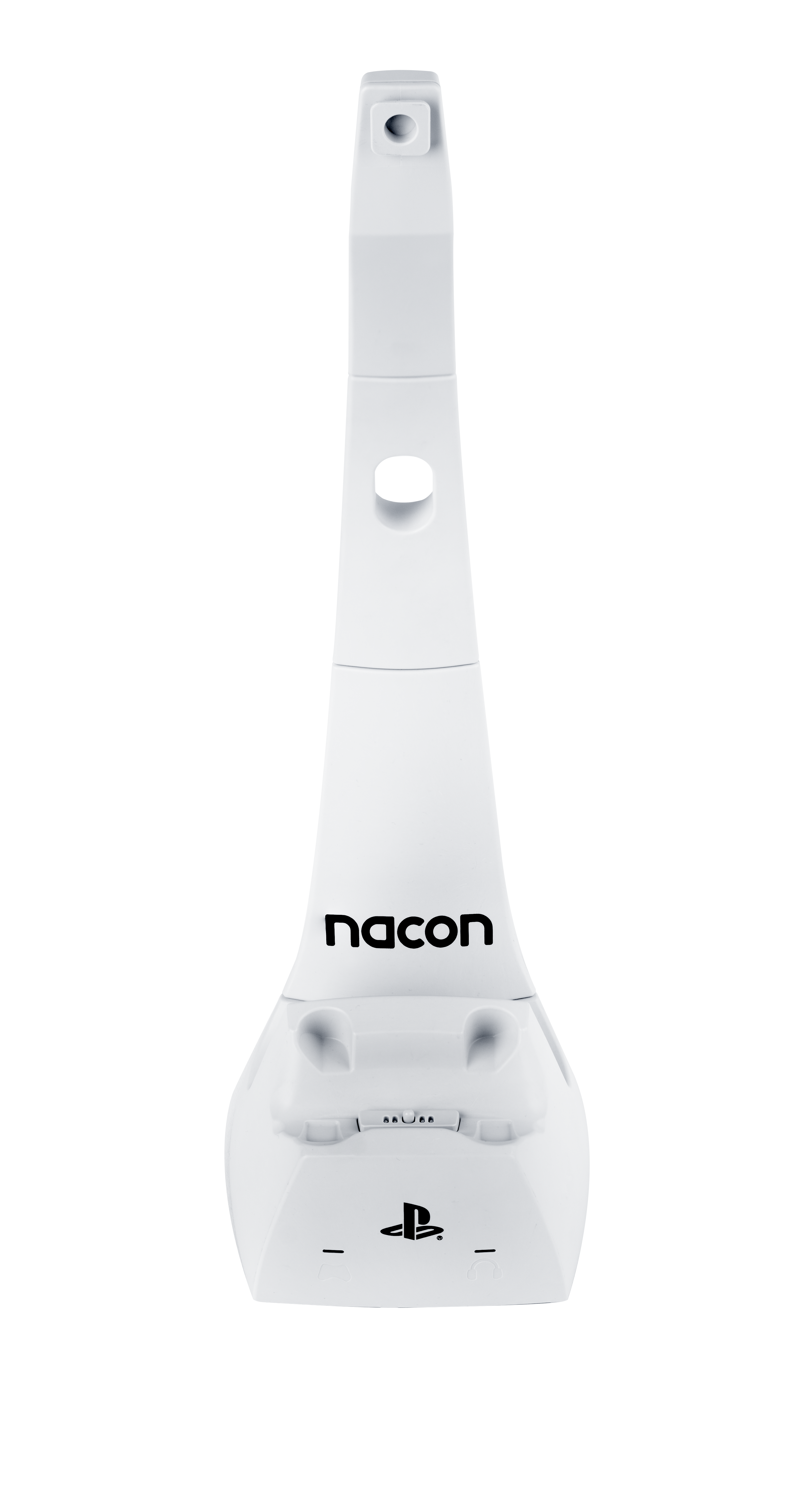 Un soporte de carga blanco para mando Nacon con símbolo de PlayStation.