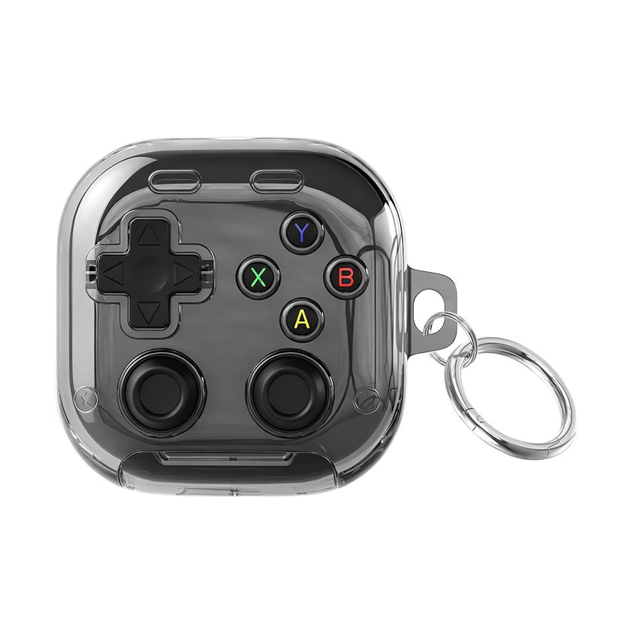 Ein transparenter Controller-Schutz mit silbernem Schlüsselring.