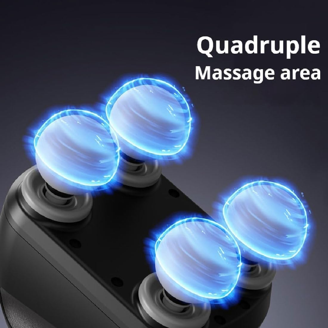 Vier leuchtend blaue Massagekugeln auf einem schwarzen Gerät