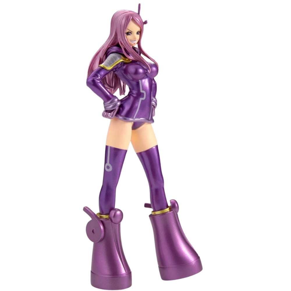 Una figura viola di donna con lunghi capelli che indossa un'uniforme futuristica.