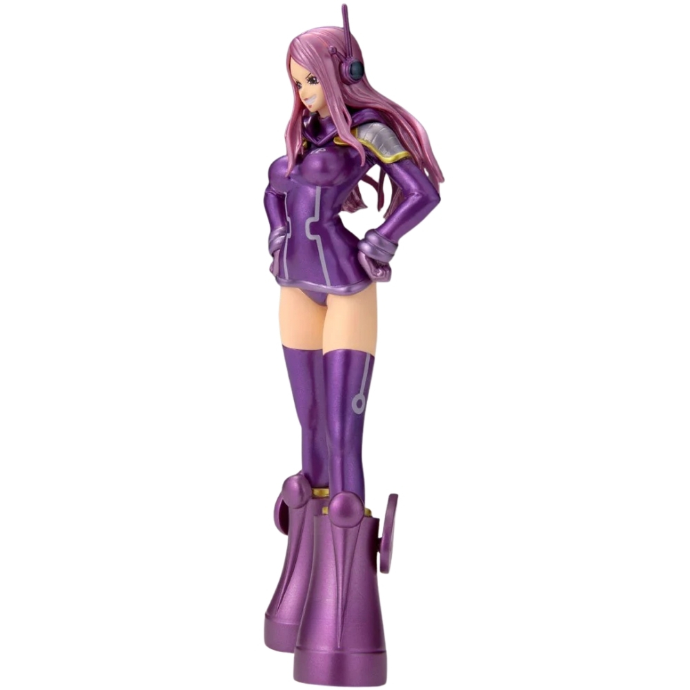 Una figura con capelli viola e tuta viola sta su stivali con plateau alti.