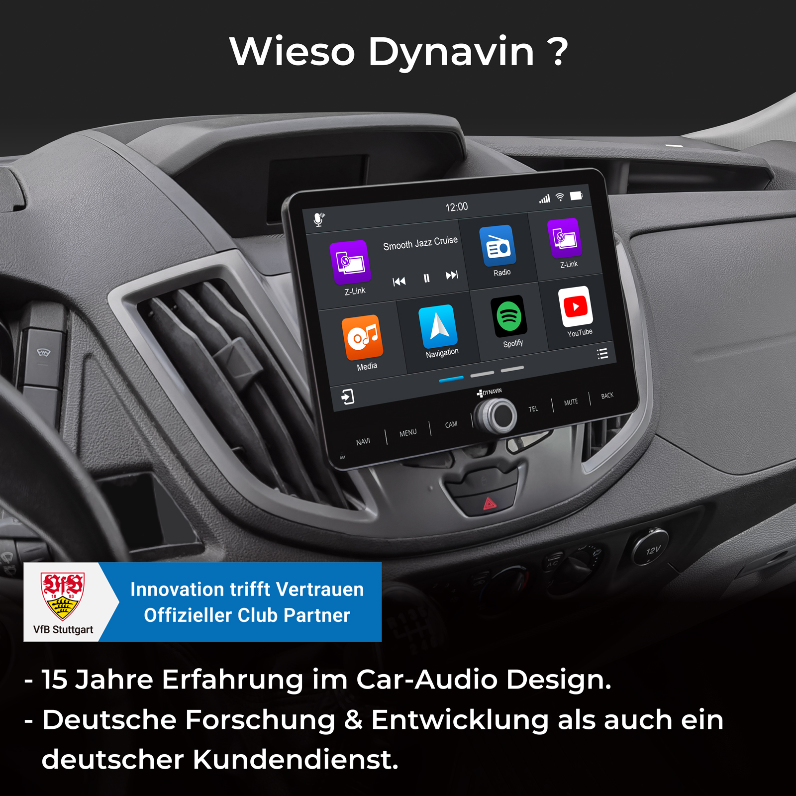 Ein Auto-Infotainment-System mit verschiedenen Apps wie Spotify und YouTube.