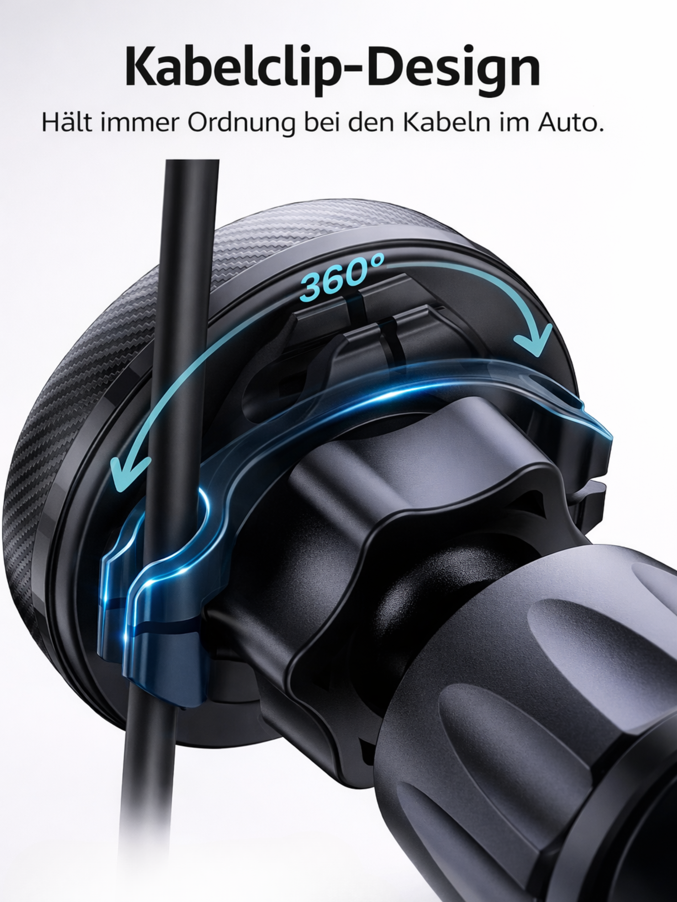 Ein schwarzer Kabelclip mit 360° Drehung für Autokabel.