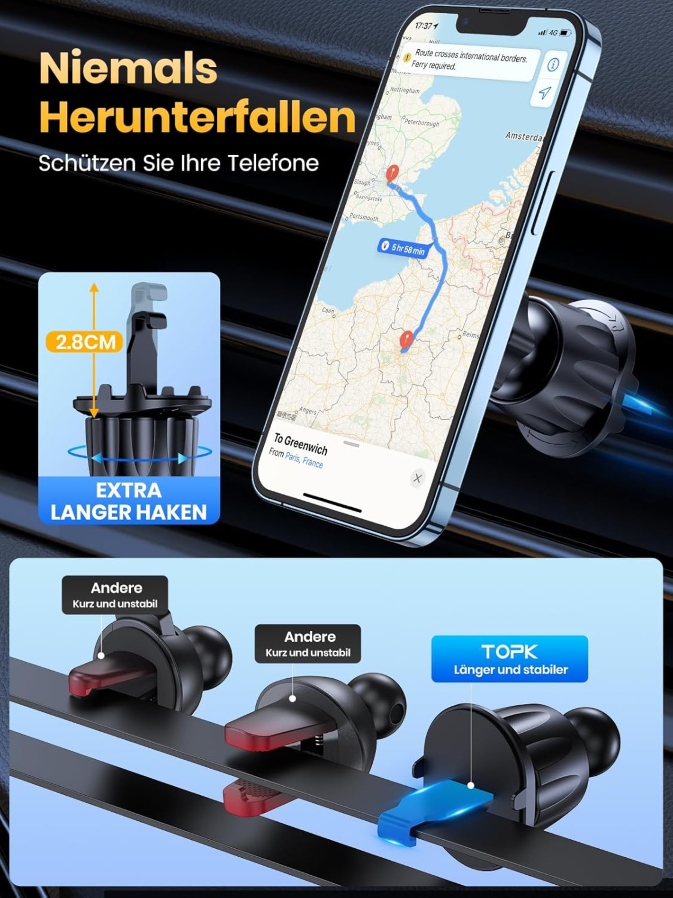 Ein Smartphone hält an einer Lüftungsöffnung mit einer Karte von Europa auf dem Bildschirm.