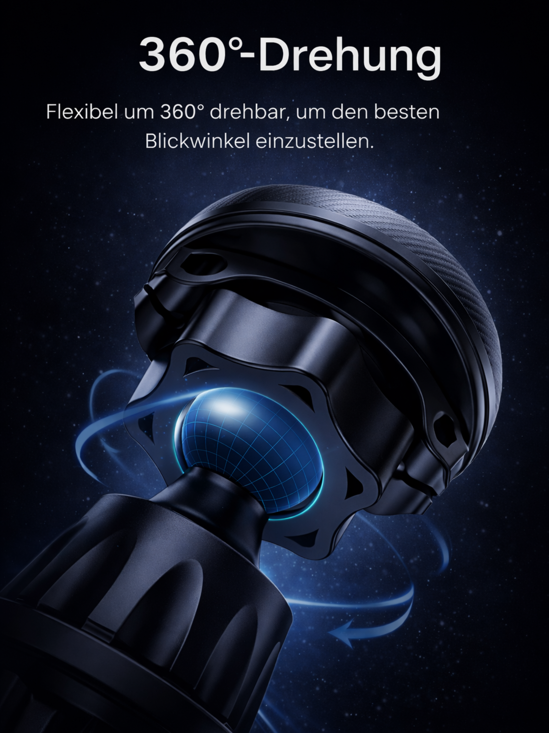 Schwarzer 360° drehbarer Halter mit blauem Lichteffekt.