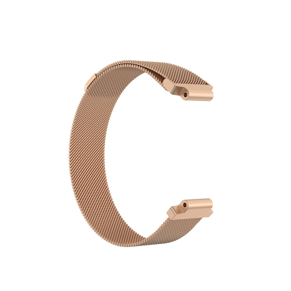 Ein roségoldenes Mesh-Uhrenarmband mit Magnetverschluss auf weißem Hintergrund.