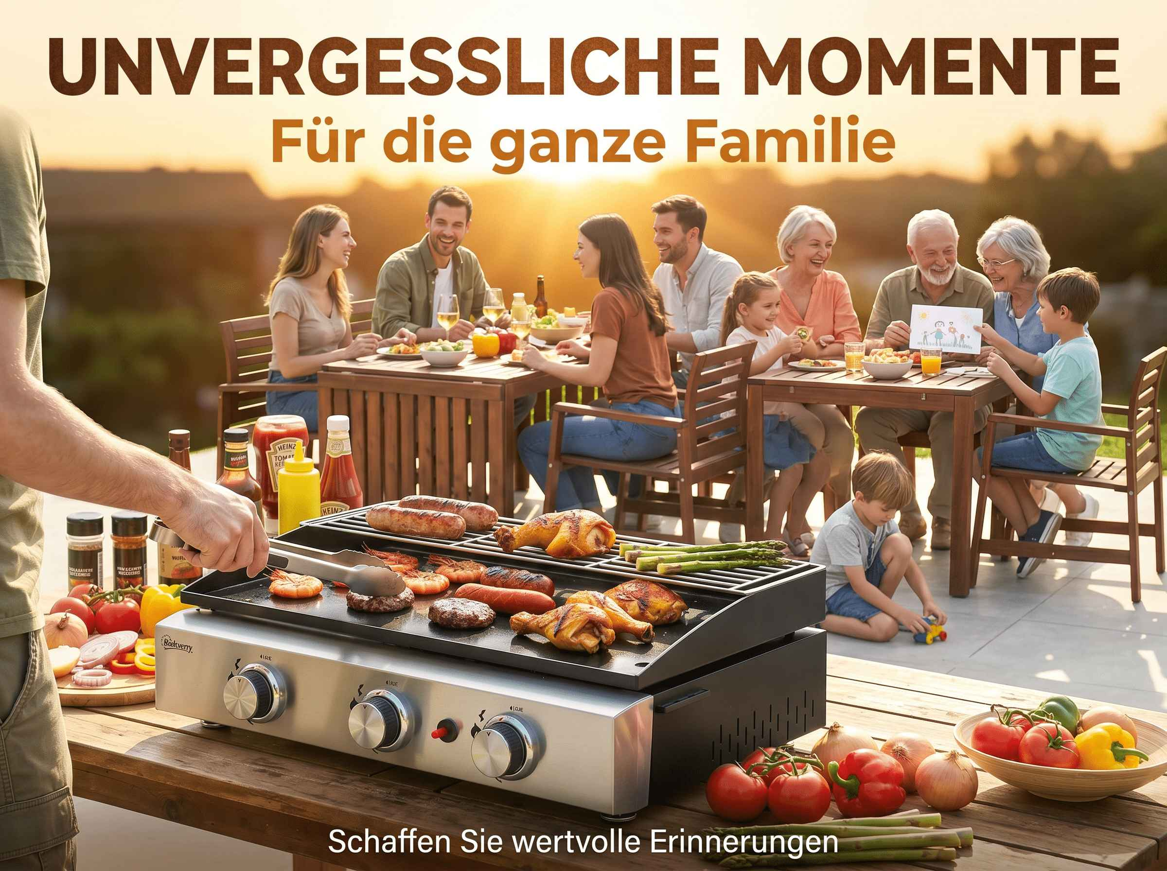 Familie grillt im Freien, mit Essen auf dem Grill und am Tisch.