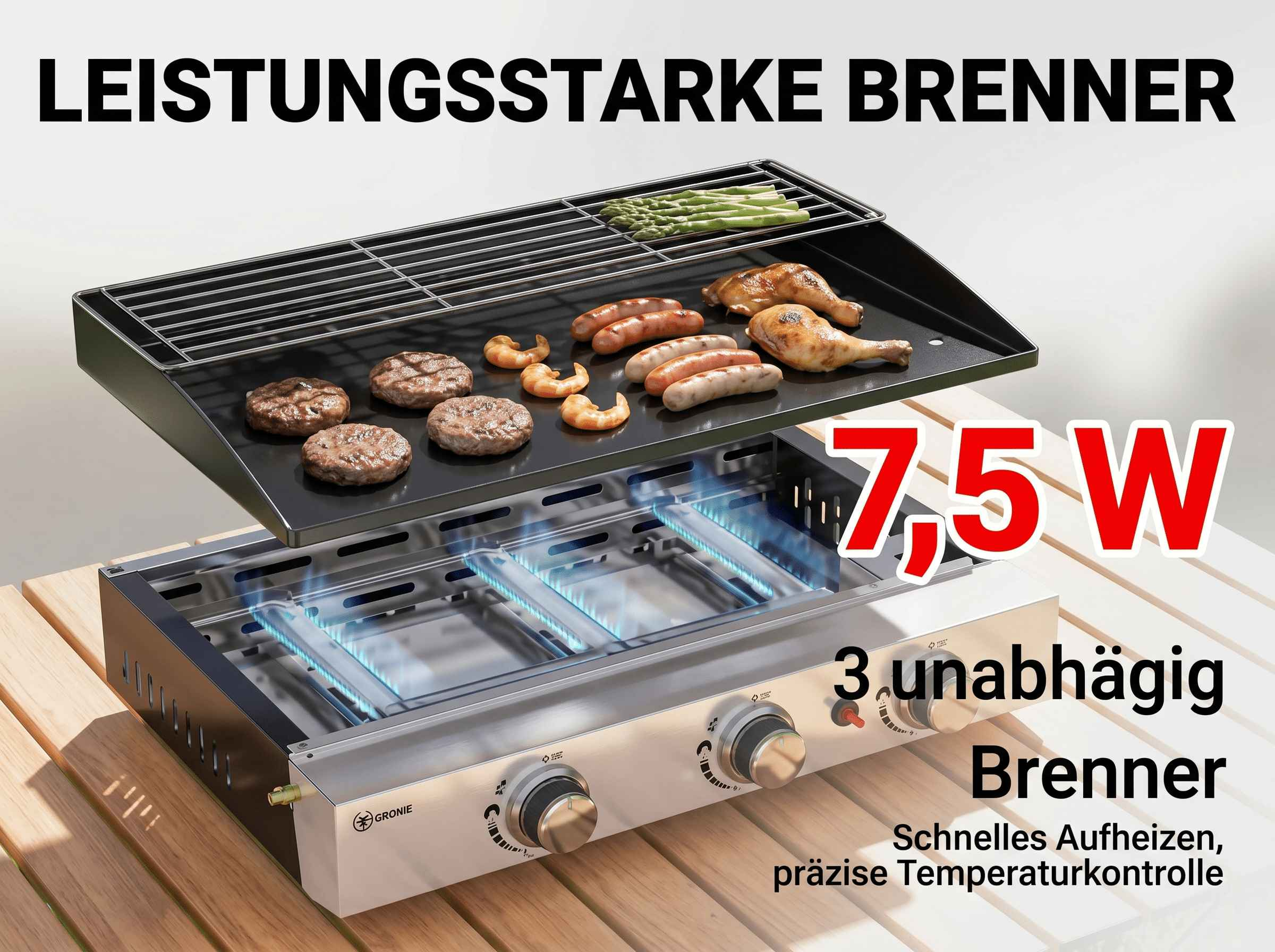 Leistungsstarker Grill mit 3 Brennern, 7,5 kW, grillt Burger, Würstchen, Garnelen & Hähnchen.