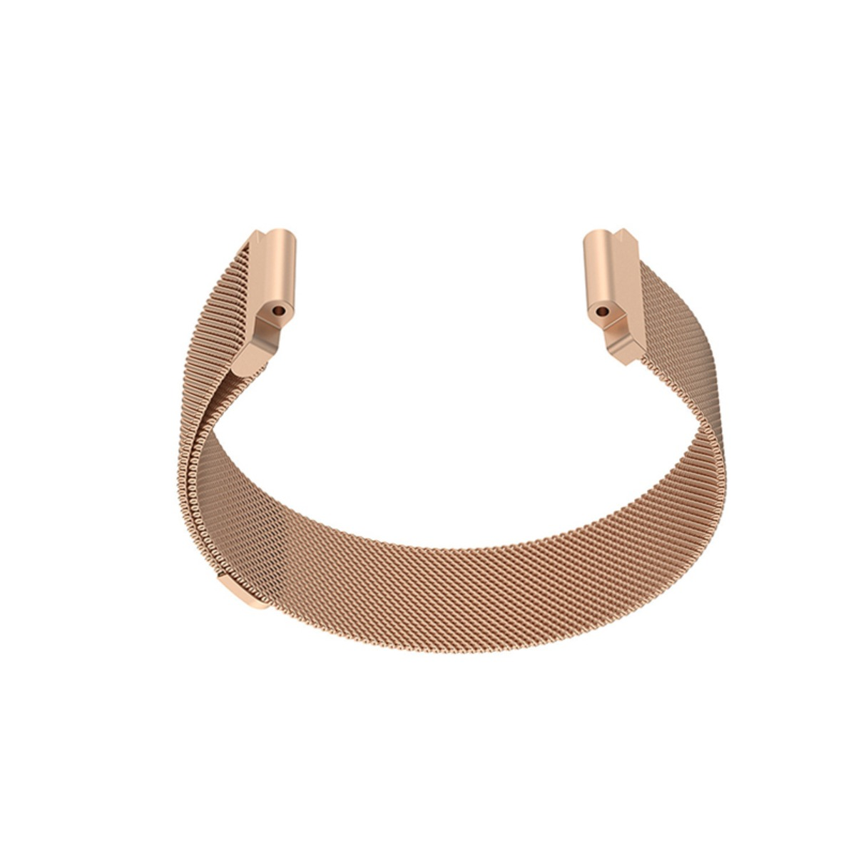 Ein roségoldenes, flexibles Uhrenarmband aus Milanaise-Geflecht mit silbernen Anschlüssen.