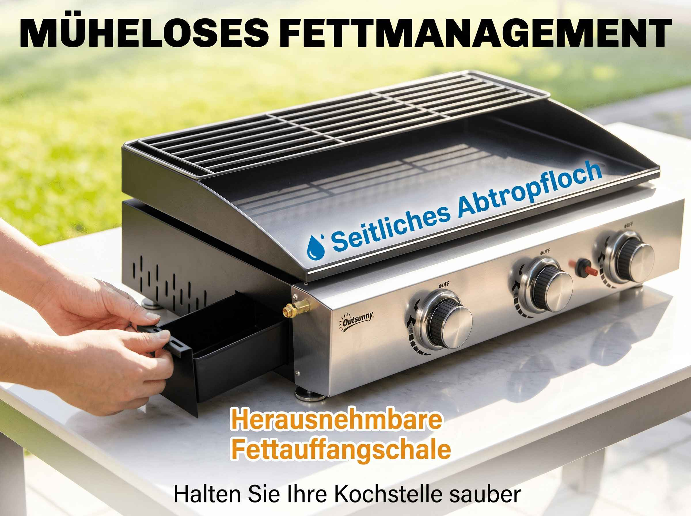 Grill mit seitlichem Abtropfloch und herausnehmbarer Fettauffangschale.