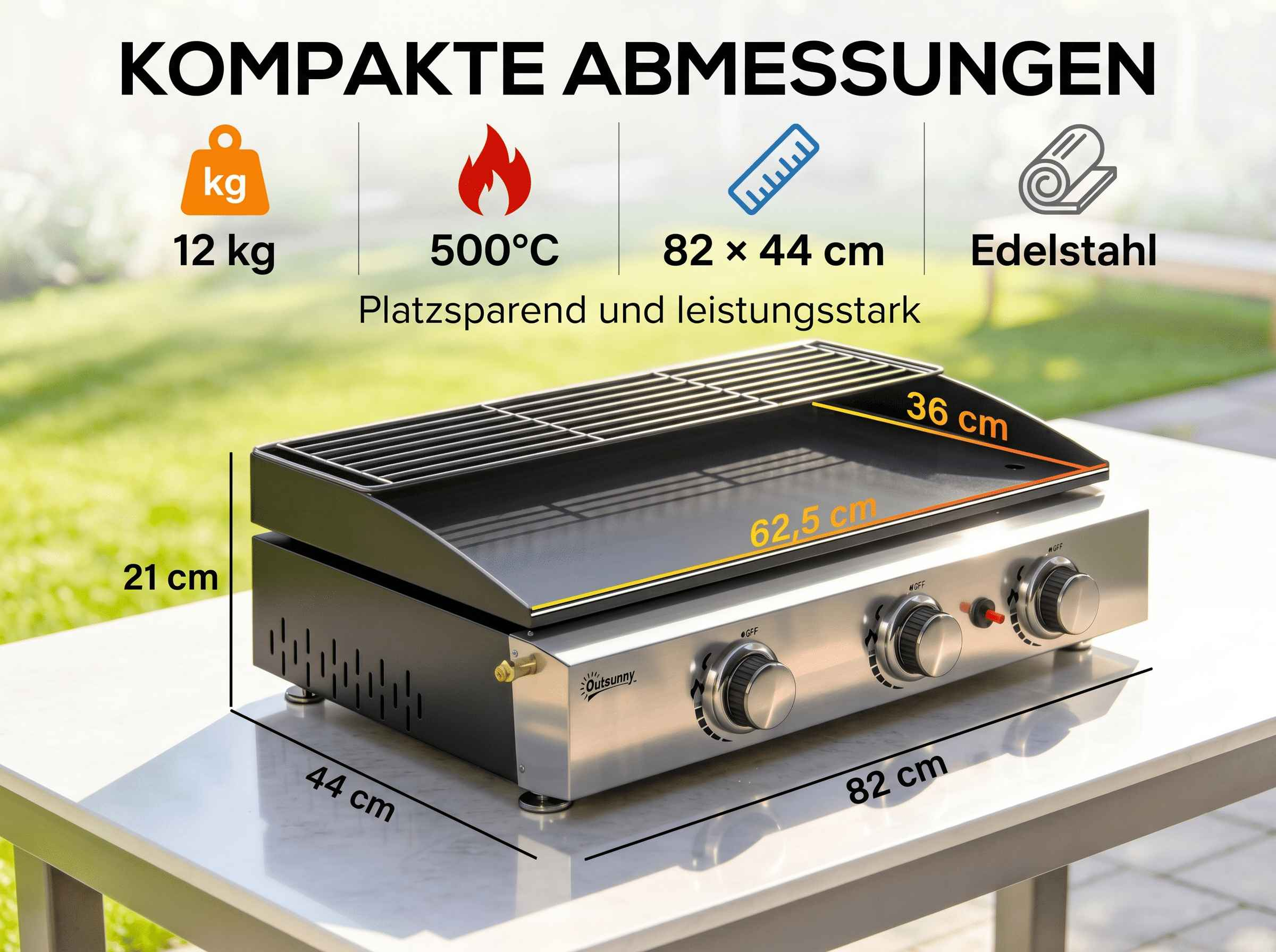 Edelstahl-Grill mit Maßen 82x44x21cm, 12kg, 500°C. Platzsparend.