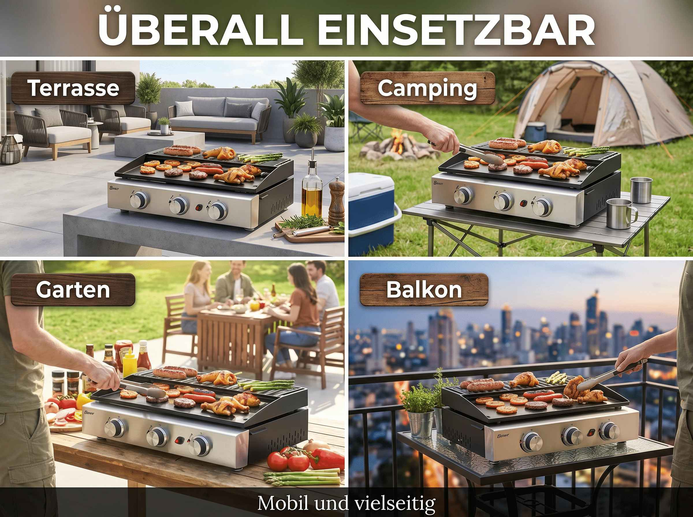 Ein Grill mit verschiedenen Speisen auf vier verschiedenen Schauplätzen: Terrasse, Camping, Garten und Balkon.